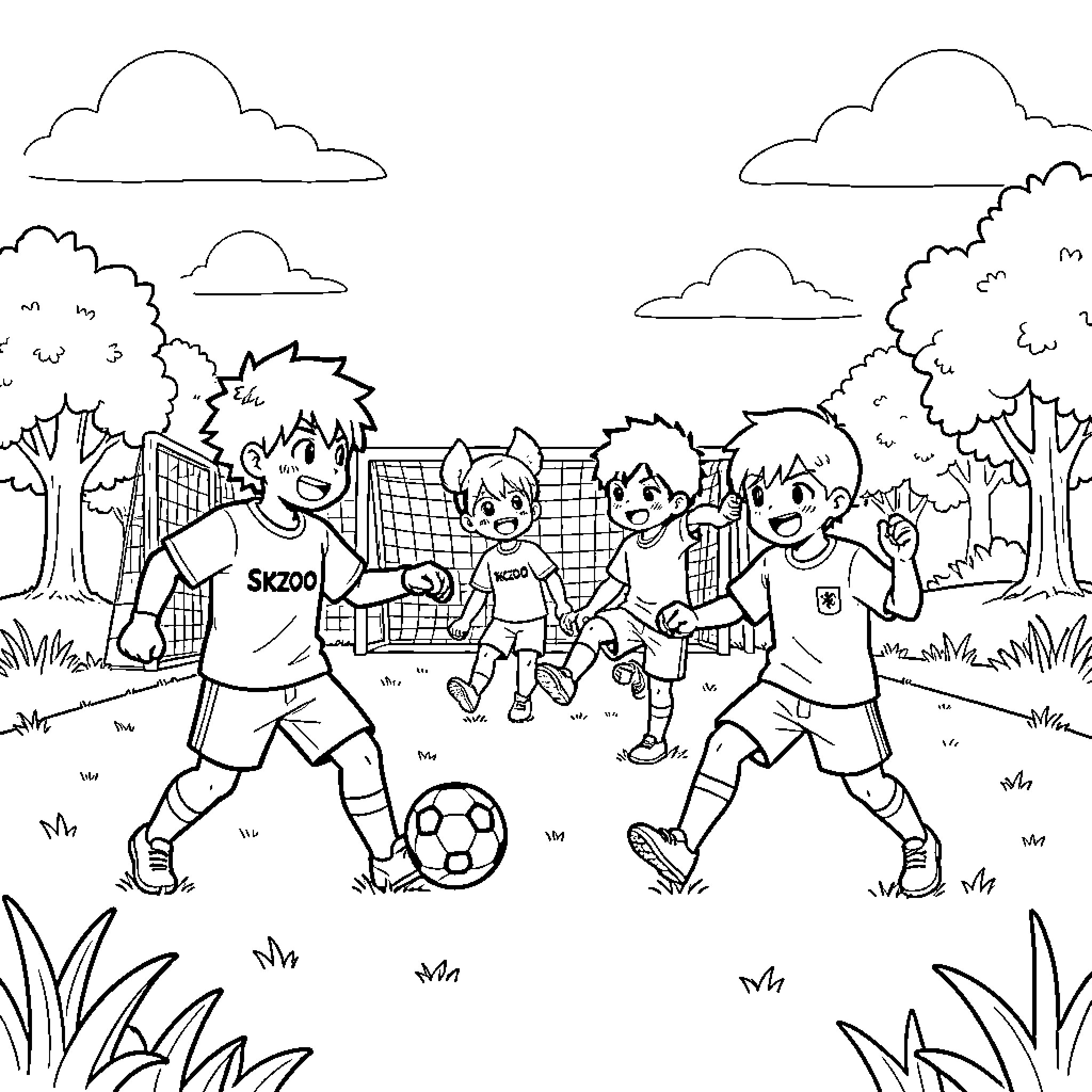 Skzoo kids playing soccer outdoors on a sunny day Coloring Page (free black-and-white line drawing printable PDF for all, from beginners to advanced learners, including children, teens, adults, and seniors)