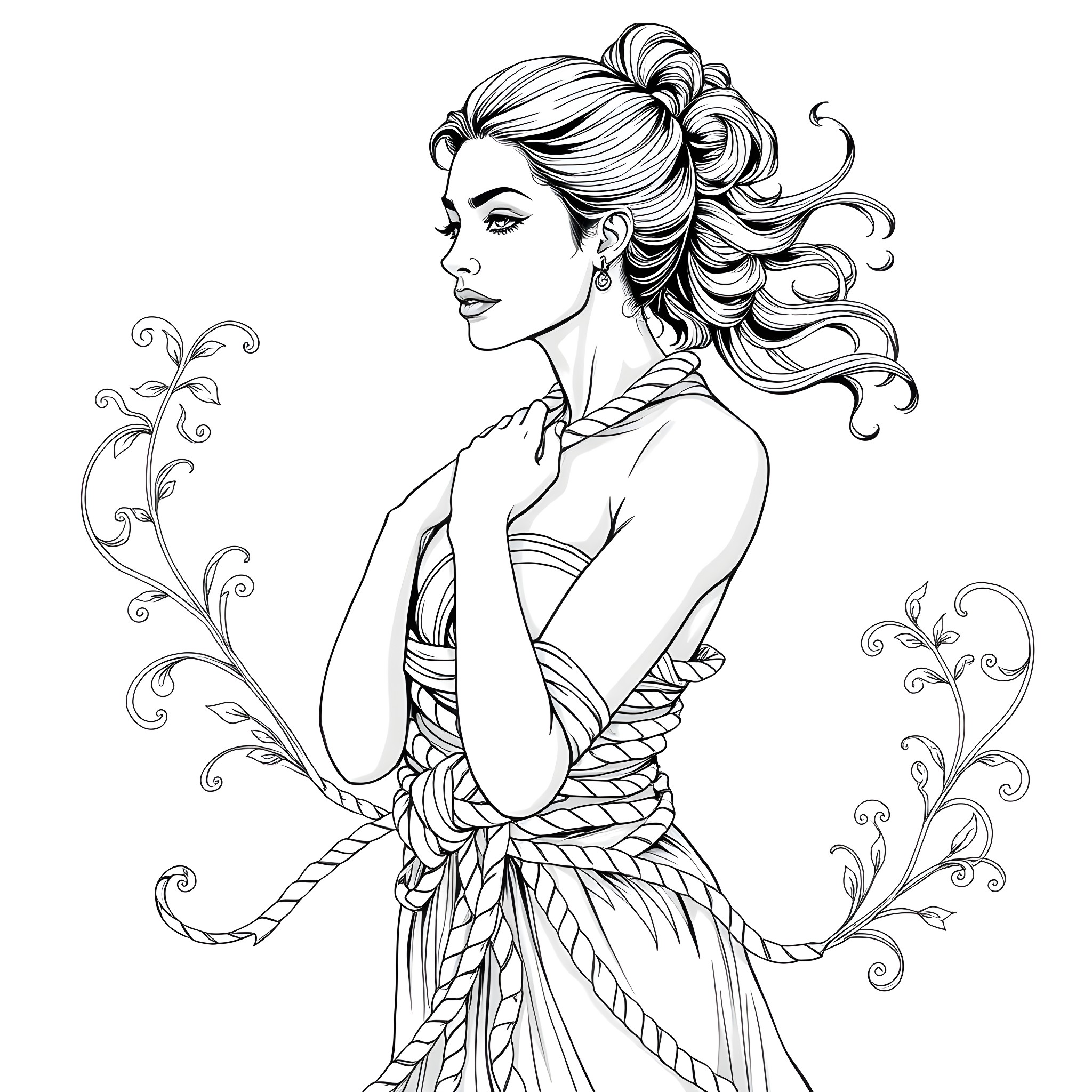 Woman with intricate hairstyle and patterned dress Coloring Page (free black-and-white line drawing printable PDF for all, from beginners to advanced learners, including children, teens, adults, and seniors)