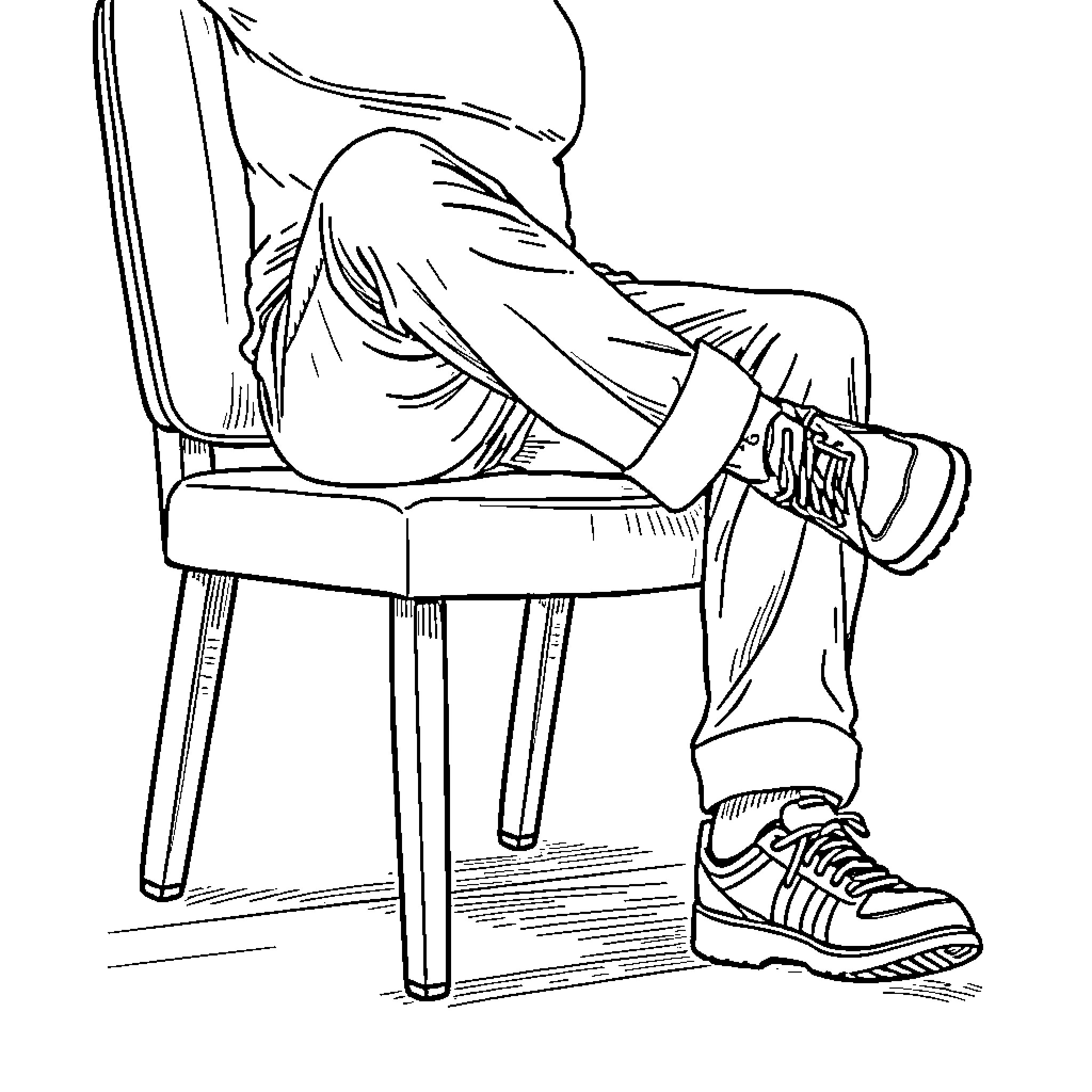Person sitting uncomfortably on a chair Coloring Page (free black-and-white line drawing printable PDF for all, from beginners to advanced learners, including children, teens, adults, and seniors)