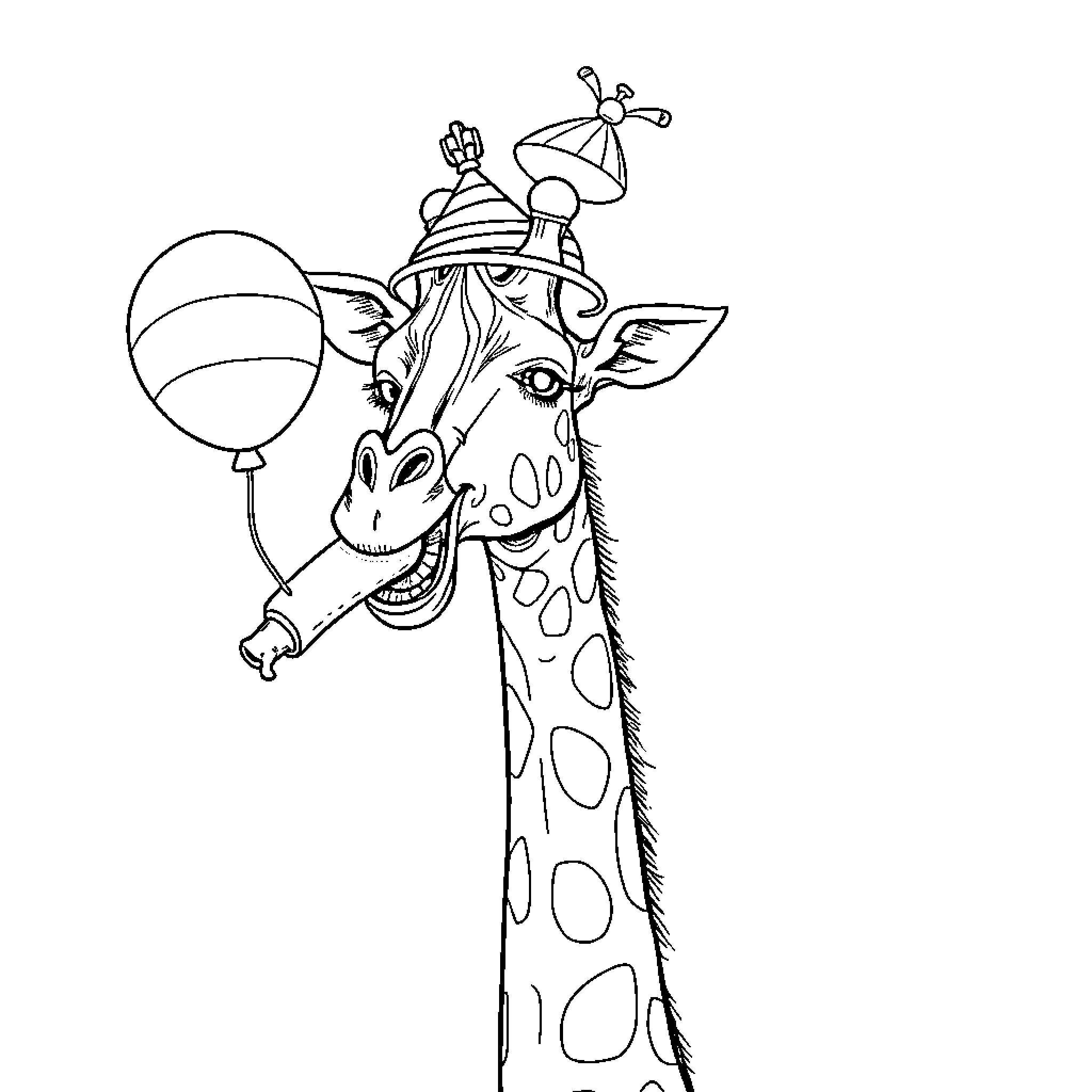 Giraffe enjoying a party with a balloon Coloring Page (free black-and-white line drawing printable PDF for all, from beginners to advanced learners, including children, teens, adults, and seniors)