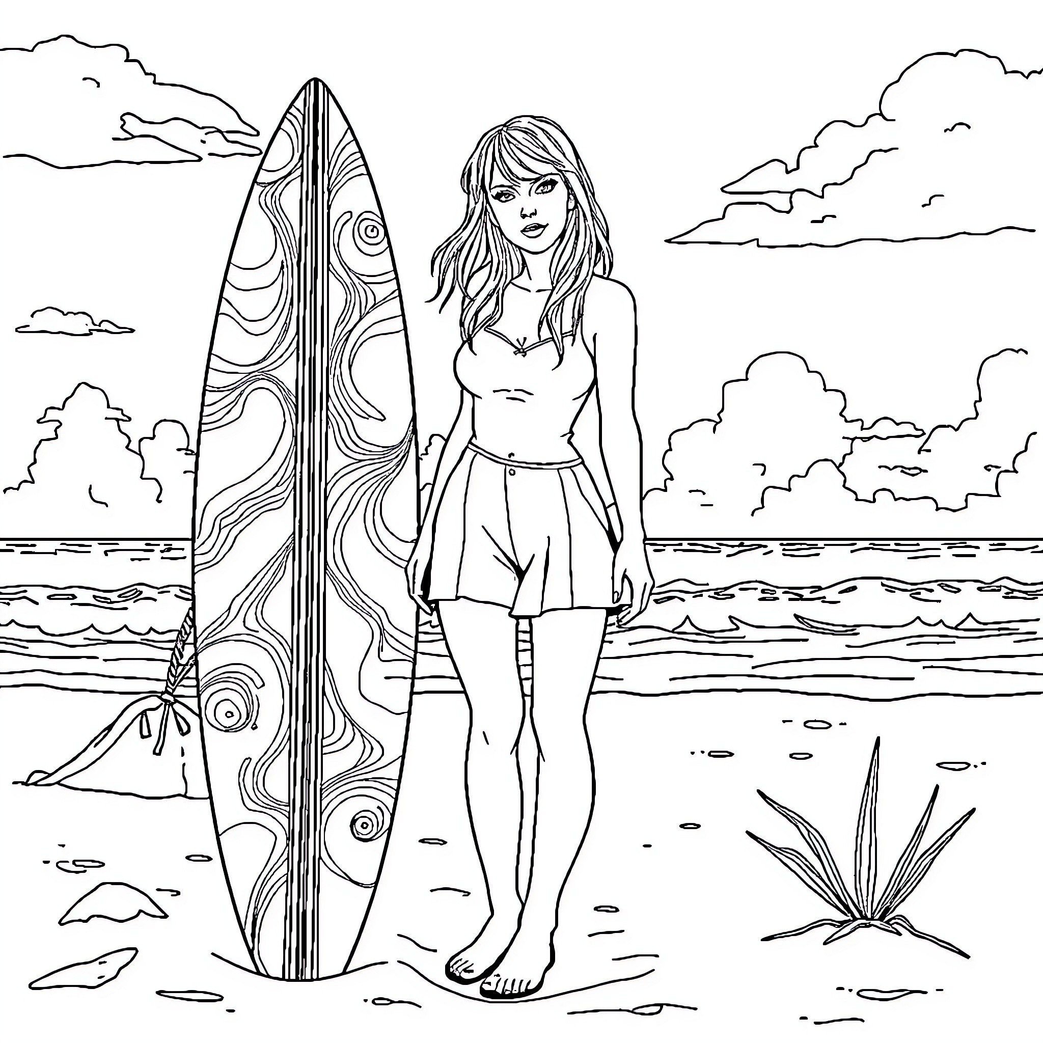 Taylor Swift enjoying a day at the beach with her surfboard Coloring Page (free black-and-white line drawing printable PDF for all, from beginners to advanced learners, including children, teens, adults, and seniors)
