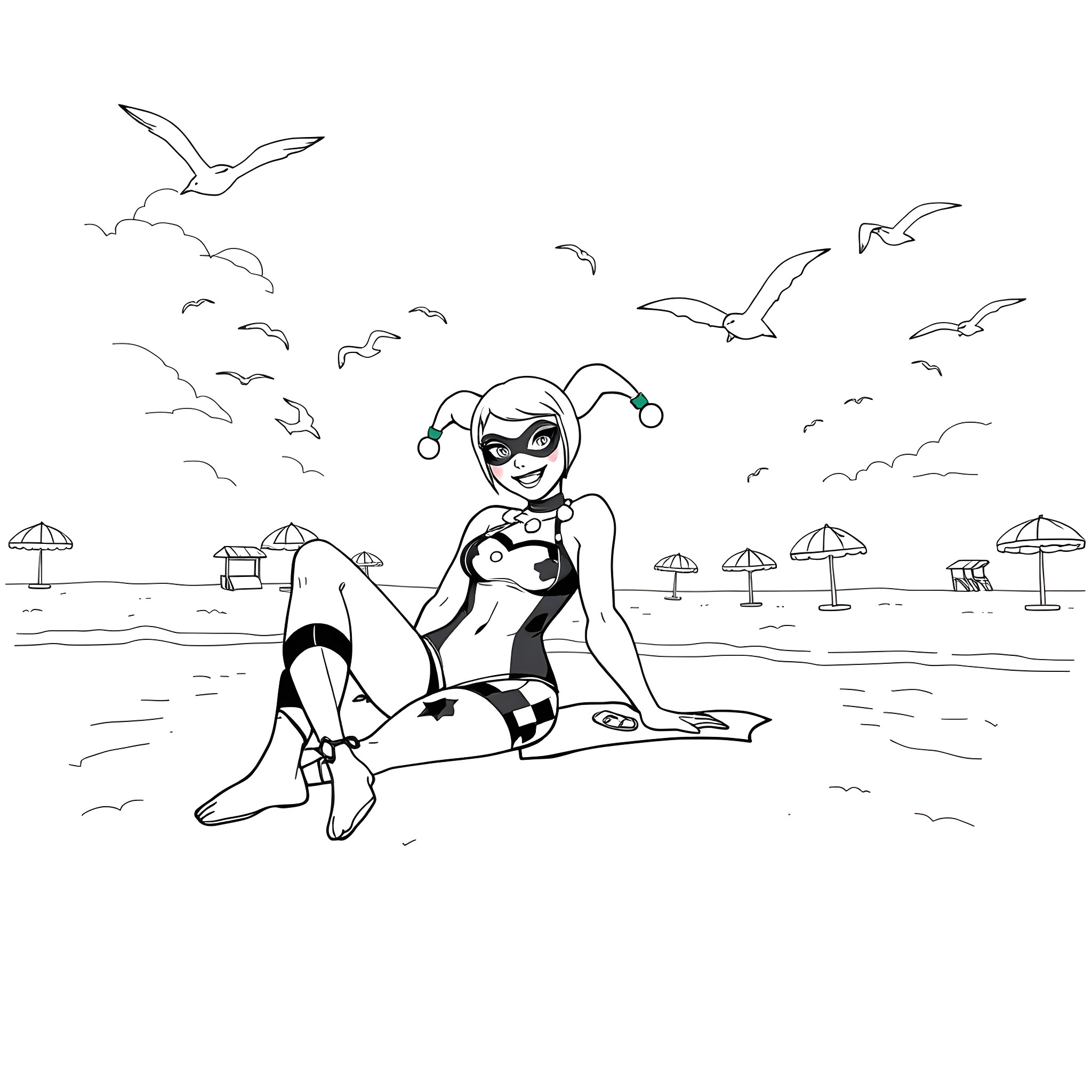 Harley Quinn relaxing on the beach Coloring Page (free black-and-white line drawing printable PDF for all, from beginners to advanced learners, including children, teens, adults, and seniors)