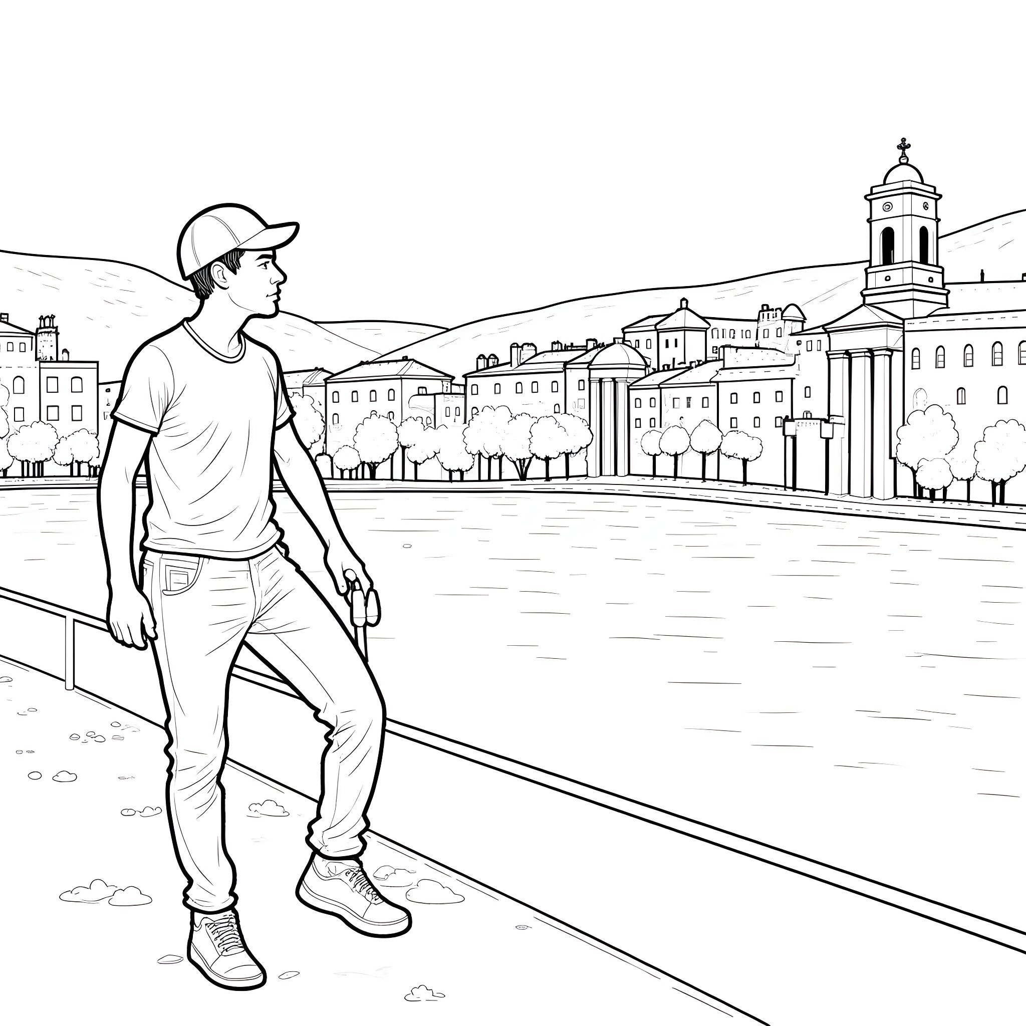 Drill Bit Man Observing Cityscape Coloring Page (free black-and-white line drawing printable PDF for all, from beginners to advanced learners, including children, teens, adults, and seniors)