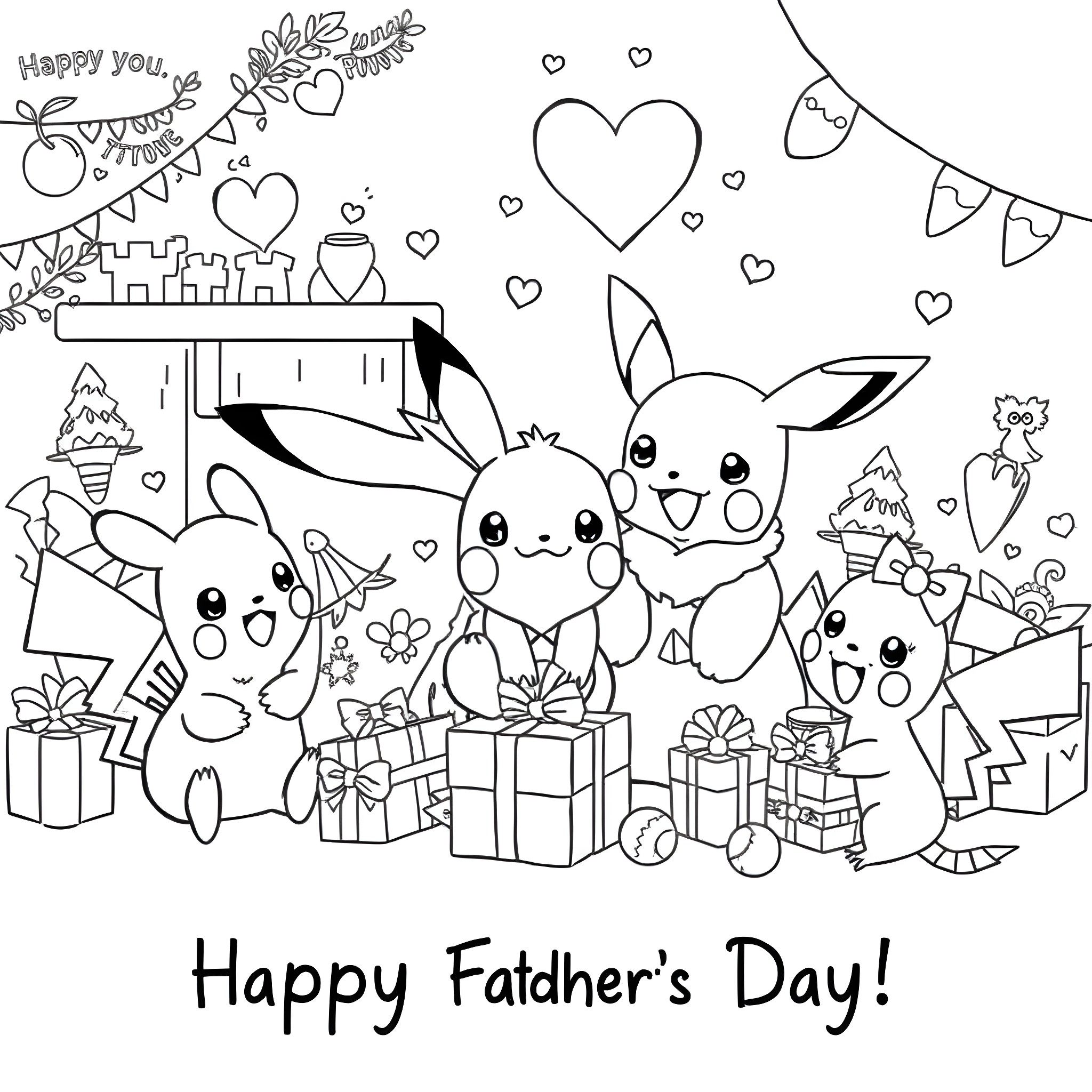 Pokémon celebrating Father's Day with gifts and decorations Coloring Page (free black-and-white line drawing printable PDF for all, from beginners to advanced learners, including children, teens, adults, and seniors)