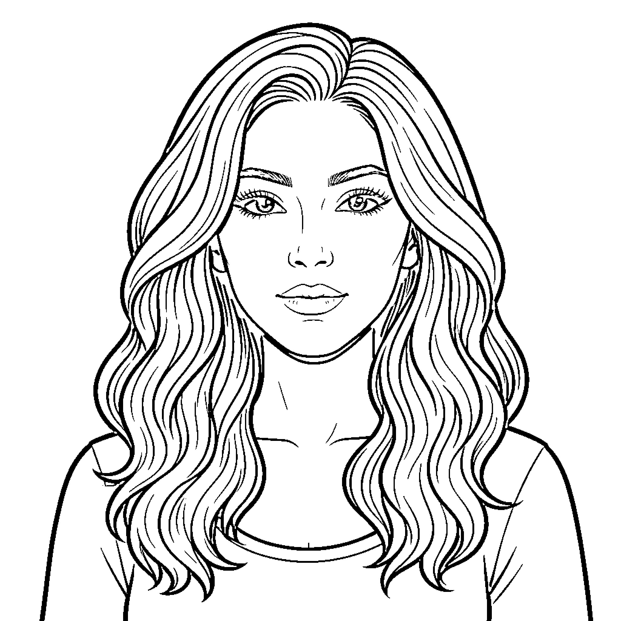 Woman with long flowing hair and pensive expression Coloring Page (free black-and-white line drawing printable PDF for all, from beginners to advanced learners, including children, teens, adults, and seniors)