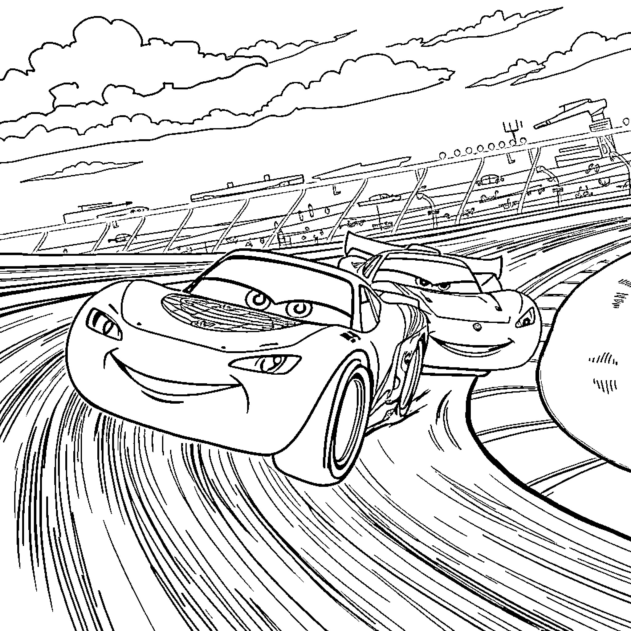 Lightning McQueen racing with friends on the track Coloring Page (free black-and-white line drawing printable PDF for all, from beginners to advanced learners, including children, teens, adults, and seniors)