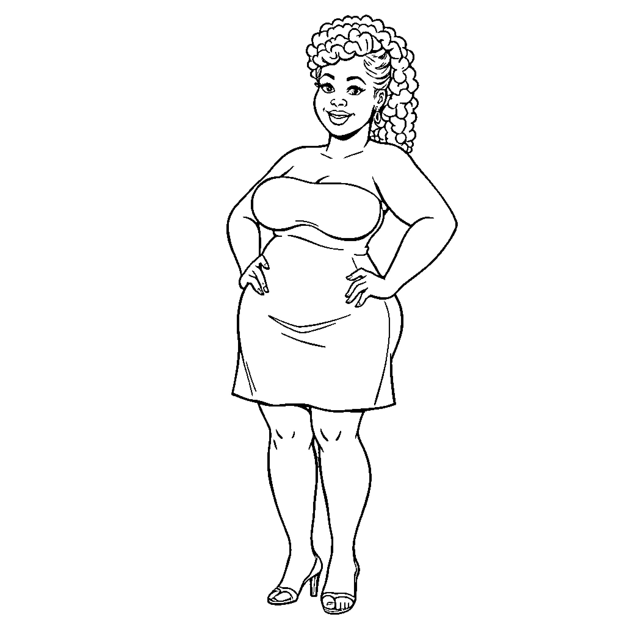 Woman in vintage-style dress posing with confidence Coloring Page (free black-and-white line drawing printable PDF for all, from beginners to advanced learners, including children, teens, adults, and seniors)
