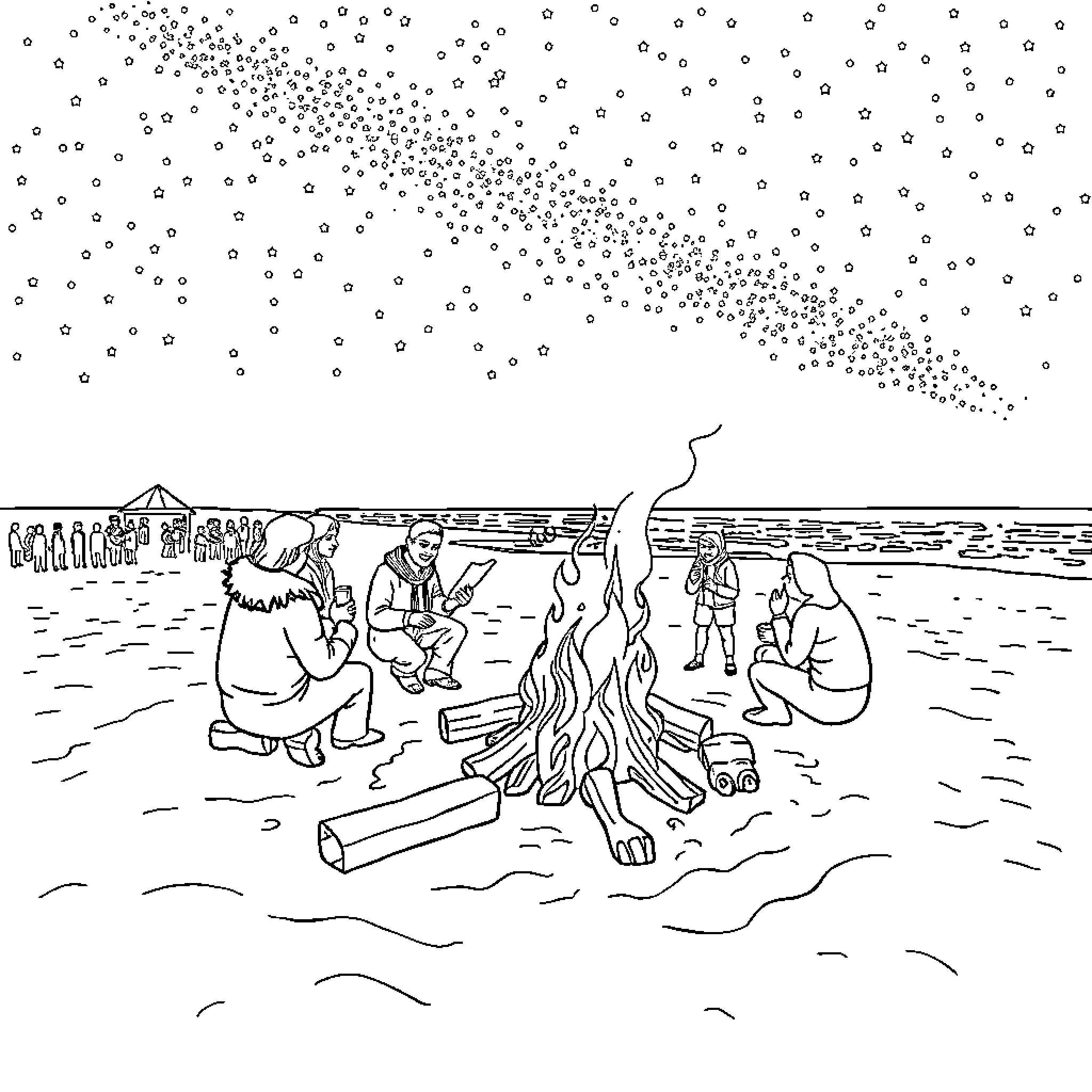 Bonfire gathering by the beach at night Coloring Page (free black-and-white line drawing printable PDF for all, from beginners to advanced learners, including children, teens, adults, and seniors)