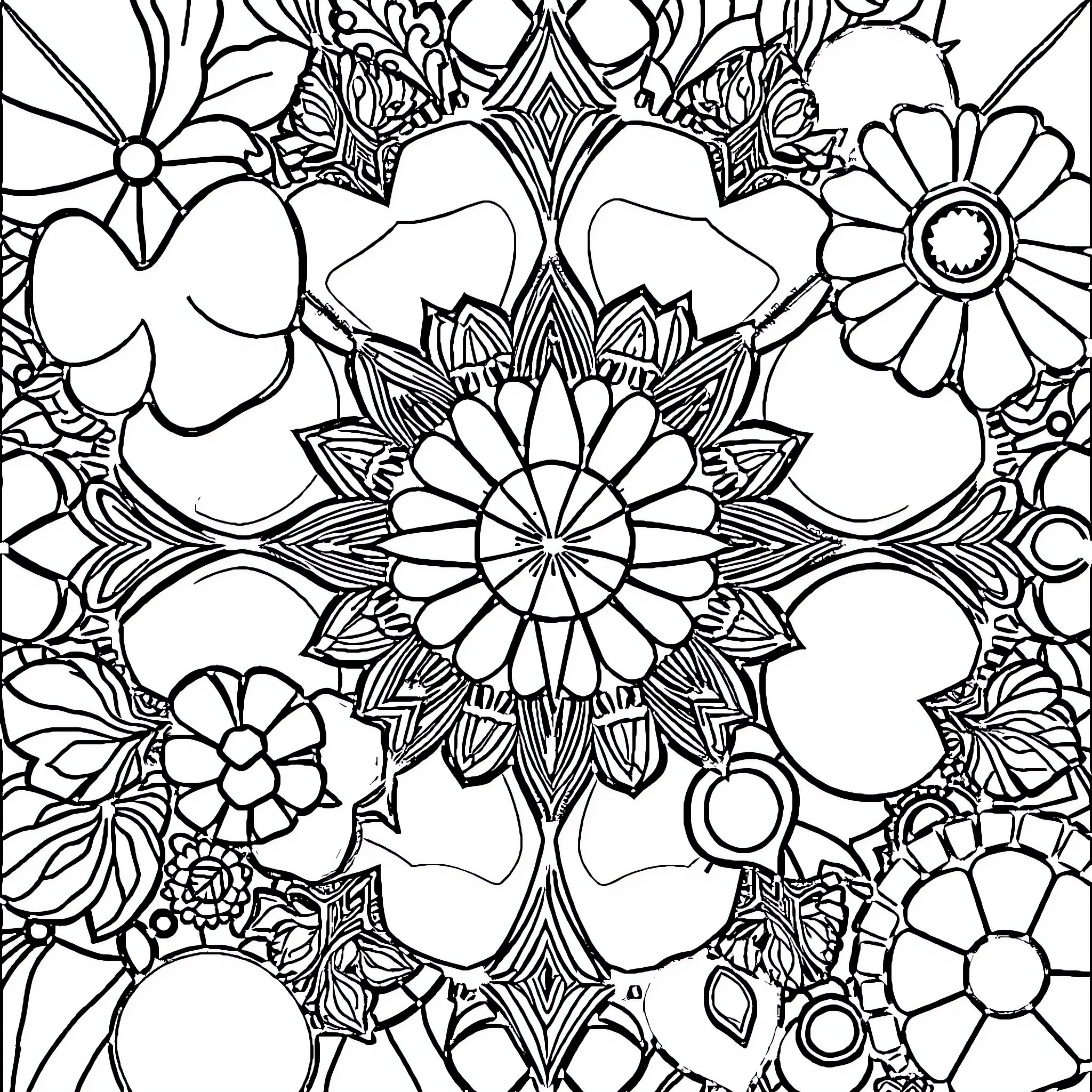 Intricate floral pattern with mandala design Coloring Page (free black-and-white line drawing printable PDF for all, from beginners to advanced learners, including children, teens, adults, and seniors)