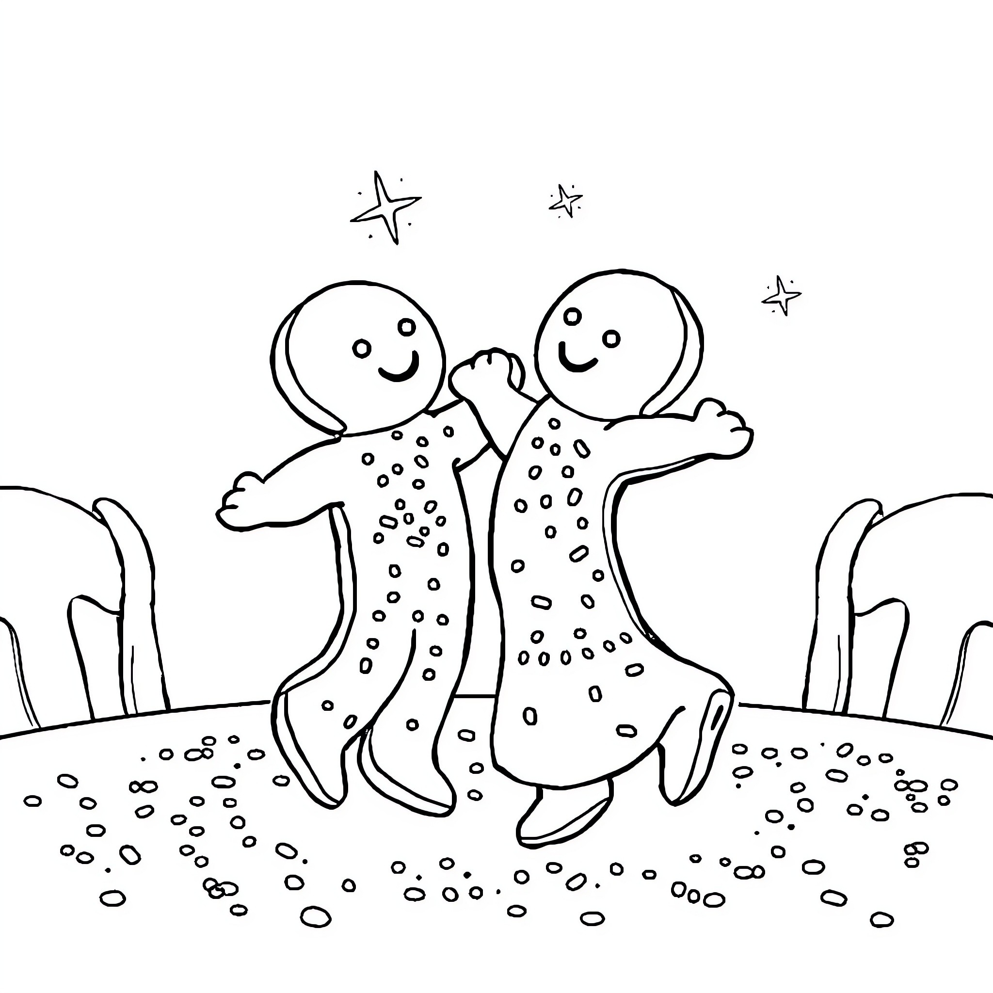 Cookie characters joyfully dancing under the stars Coloring Page (free black-and-white line drawing printable PDF for all, from beginners to advanced learners, including children, teens, adults, and seniors)