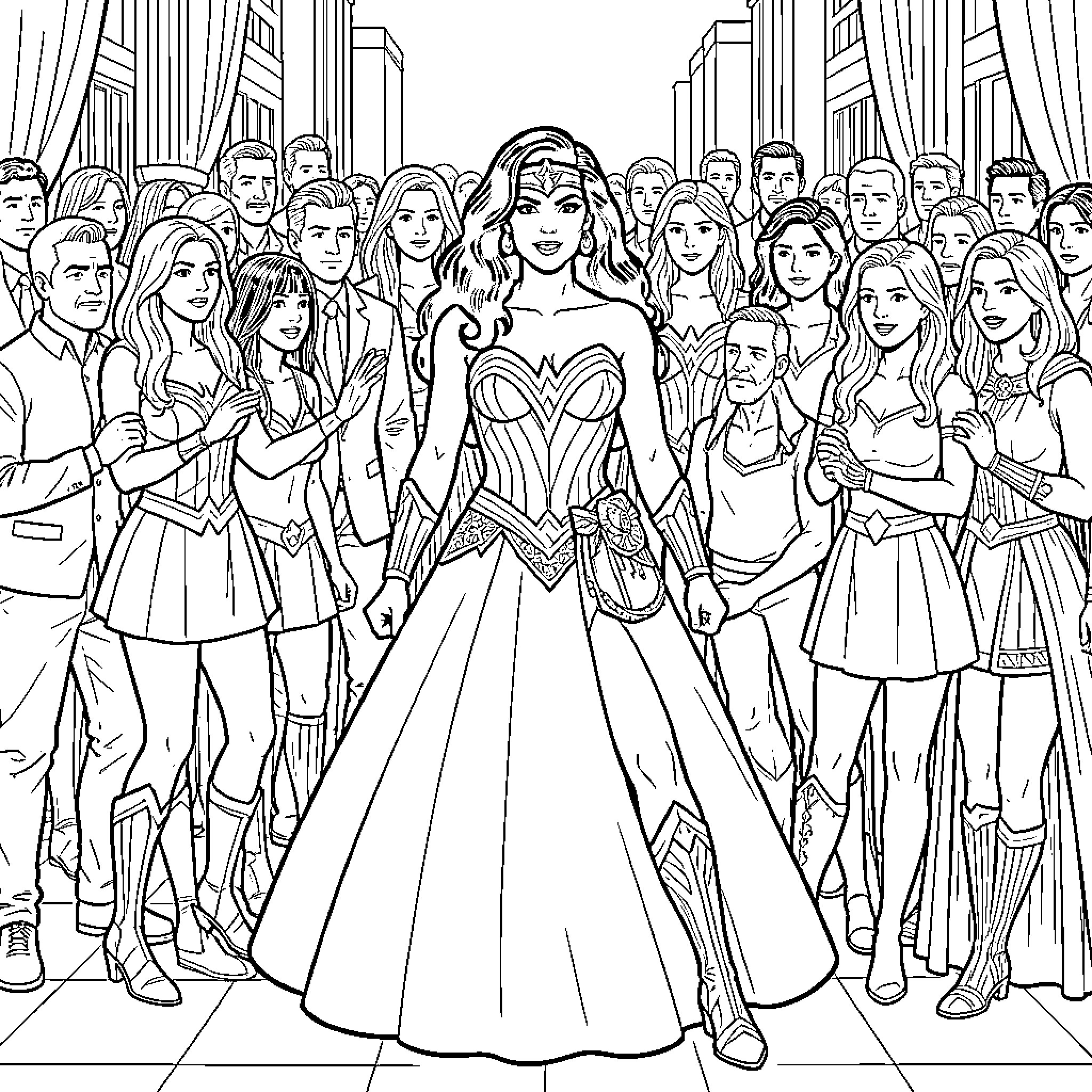 Wonder Woman standing confidently among a crowd of people Coloring Page (free black-and-white line drawing printable PDF for all, from beginners to advanced learners, including children, teens, adults, and seniors)