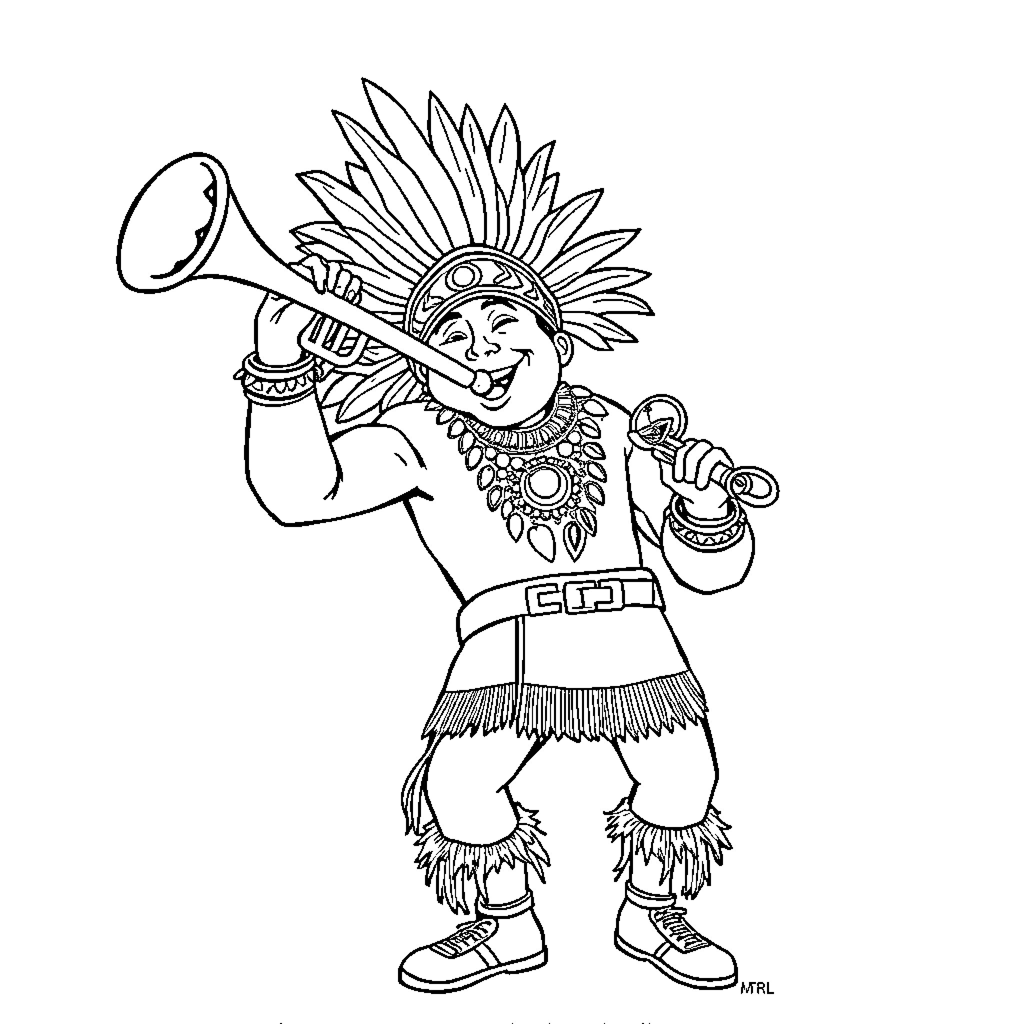 Superhero Tribal Chief Blowing Trumpet Coloring Page (free black-and-white line drawing printable PDF for all, from beginners to advanced learners, including children, teens, adults, and seniors)