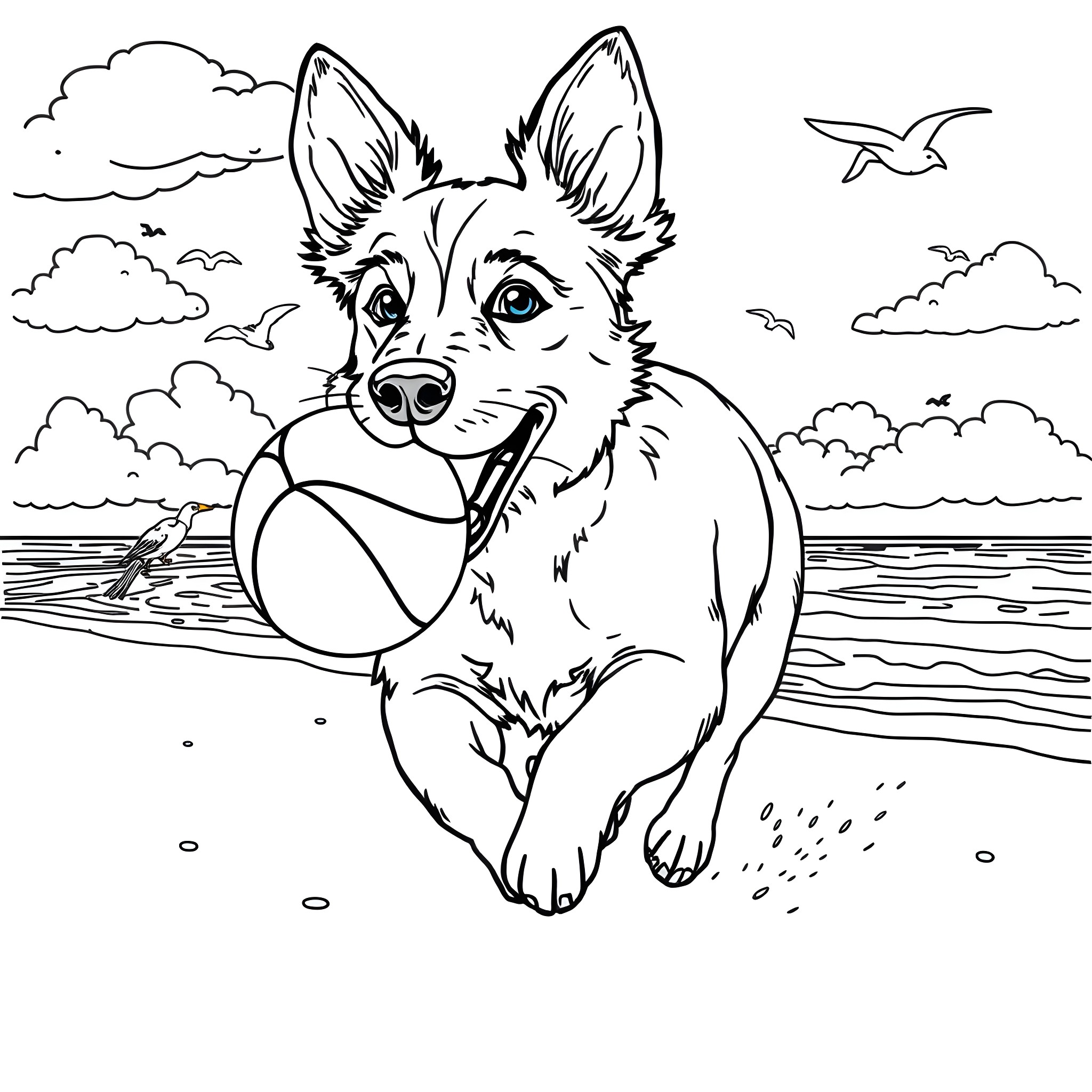 Cachorro brincando com bola na praia Coloring Page (free black-and-white line drawing printable PDF for all, from beginners to advanced learners, including children, teens, adults, and seniors)