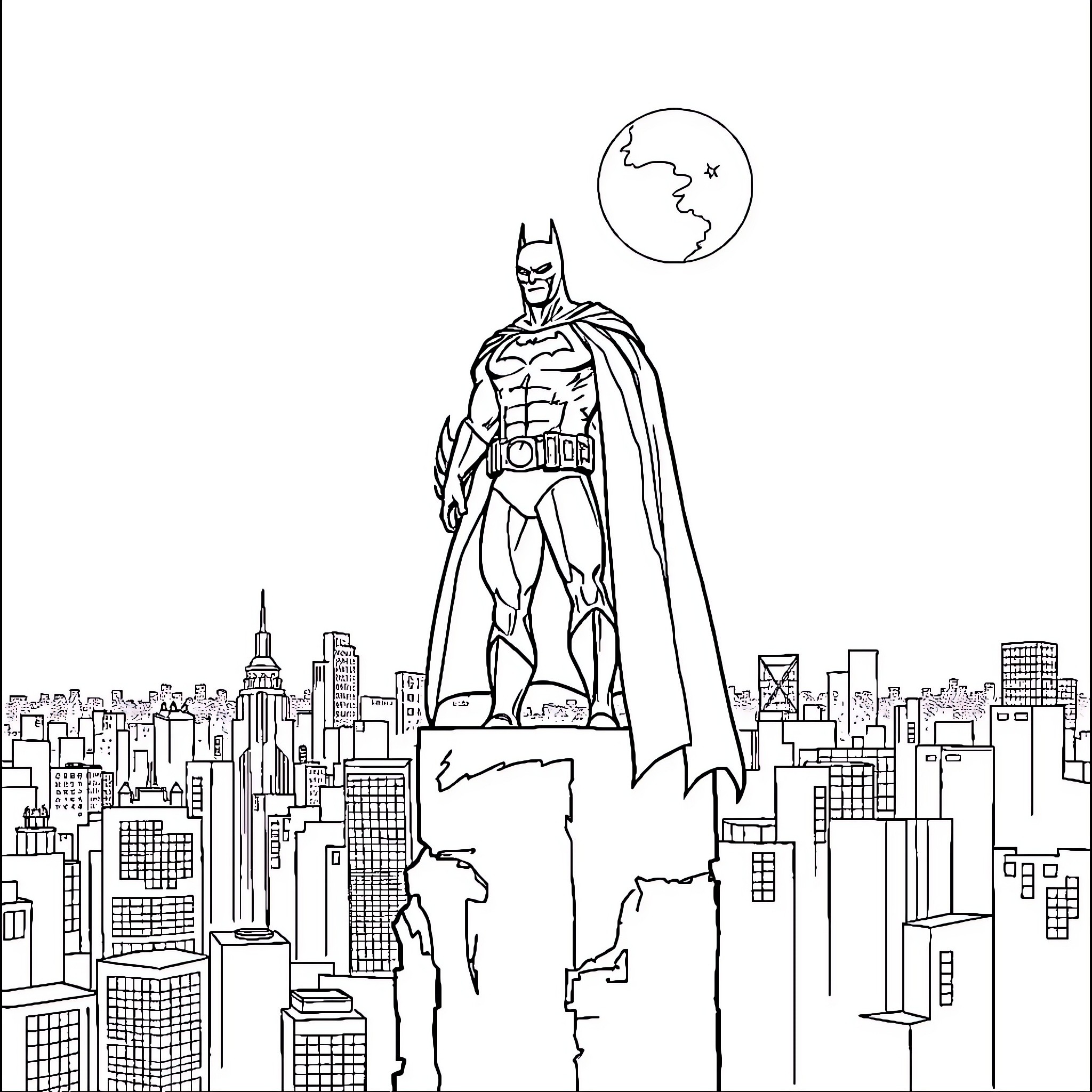 Batman standing tall over the city skyline Coloring Page (free black-and-white line drawing printable PDF for all, from beginners to advanced learners, including children, teens, adults, and seniors)