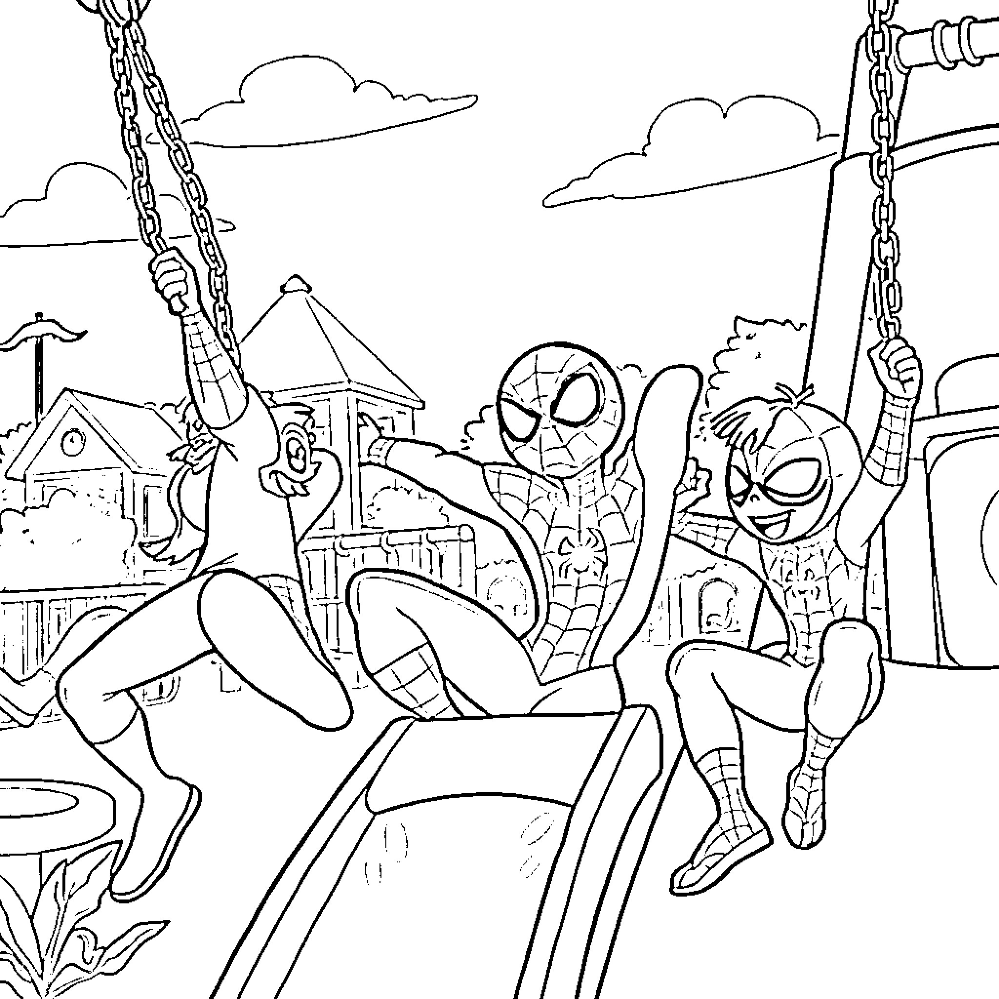 Spider-heroes swinging through the city Coloring Page (free black-and-white line drawing printable PDF for all, from beginners to advanced learners, including children, teens, adults, and seniors)