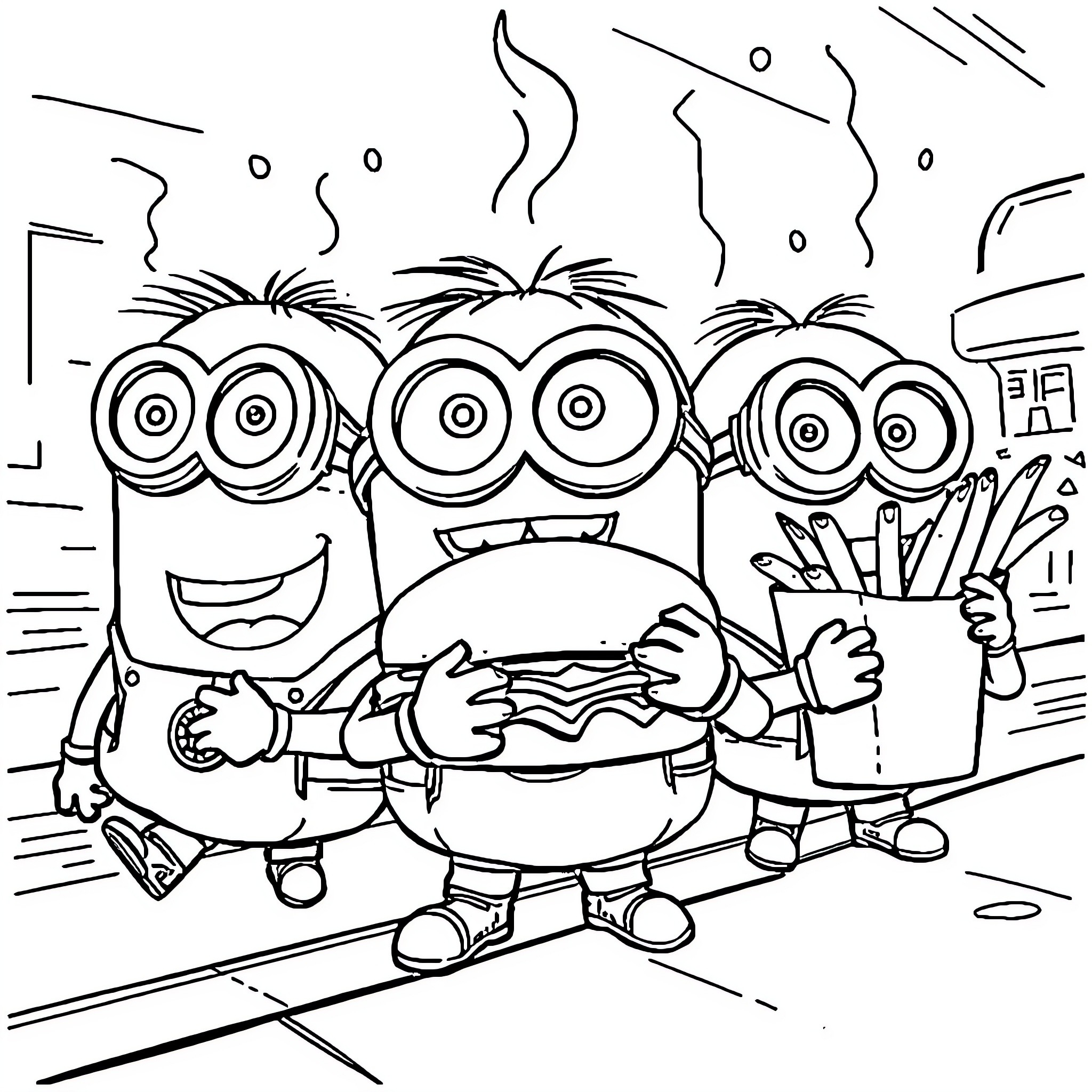 Minions Enjoying Tasty Treats and Snacks Coloring Page (free black-and-white line drawing printable PDF for all, from beginners to advanced learners, including children, teens, adults, and seniors)