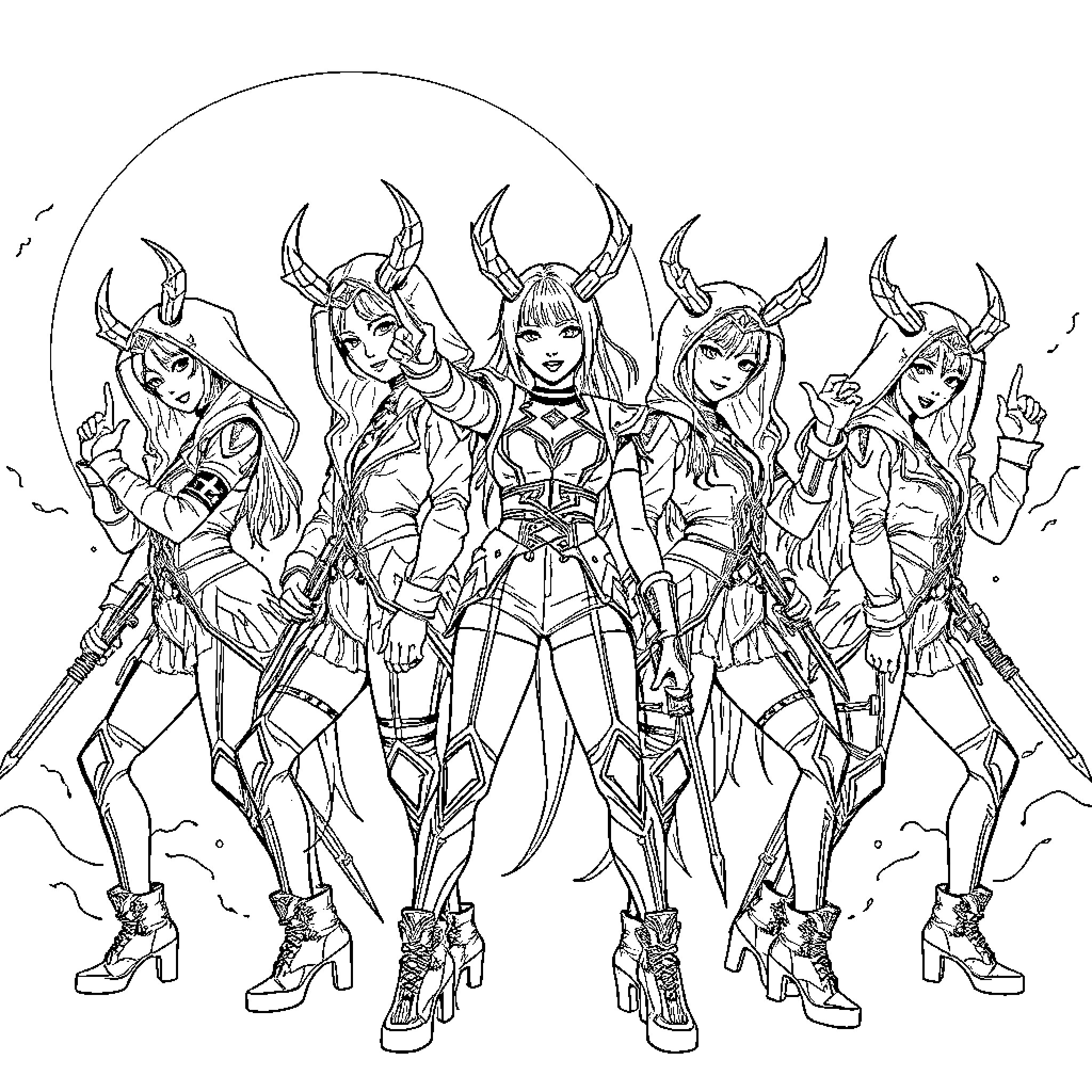 Demon Hunter Squad Unleashes Their Fierce Styles Coloring Page (free black-and-white line drawing printable PDF for all, from beginners to advanced learners, including children, teens, adults, and seniors)