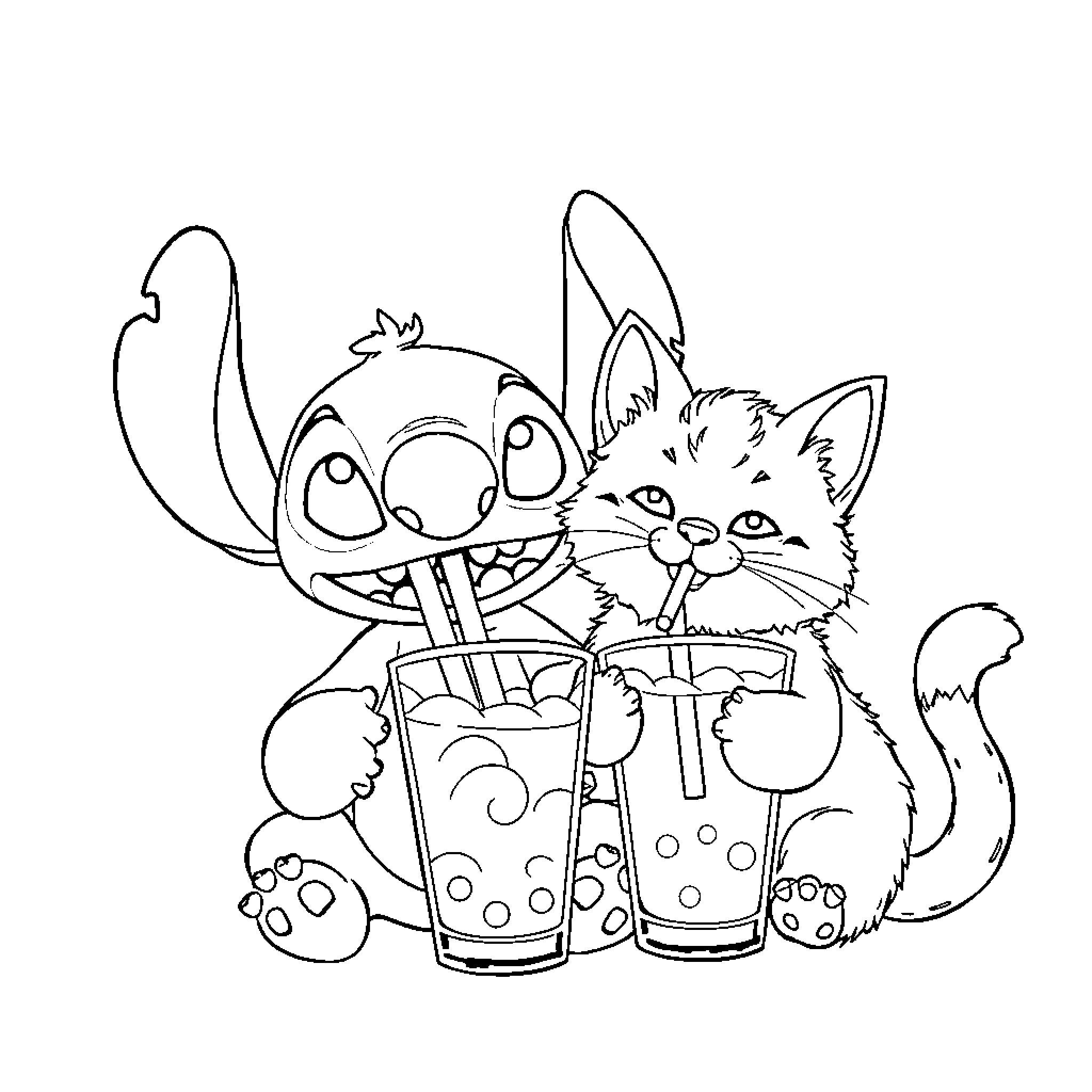 Stitch and Kitten Enjoying Drinks Coloring Page (free black-and-white line drawing printable PDF for all, from beginners to advanced learners, including children, teens, adults, and seniors)