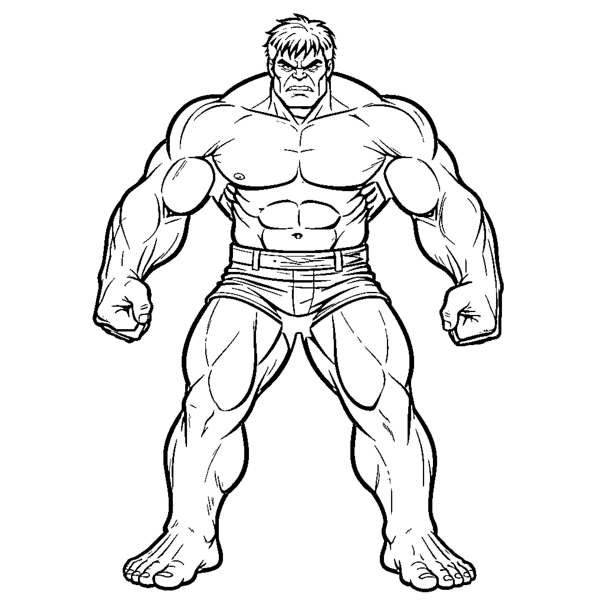 Hulk's Muscular Pose in Action Coloring Page (free black-and-white line drawing printable PDF for all, from beginners to advanced learners, including children, teens, adults, and seniors)