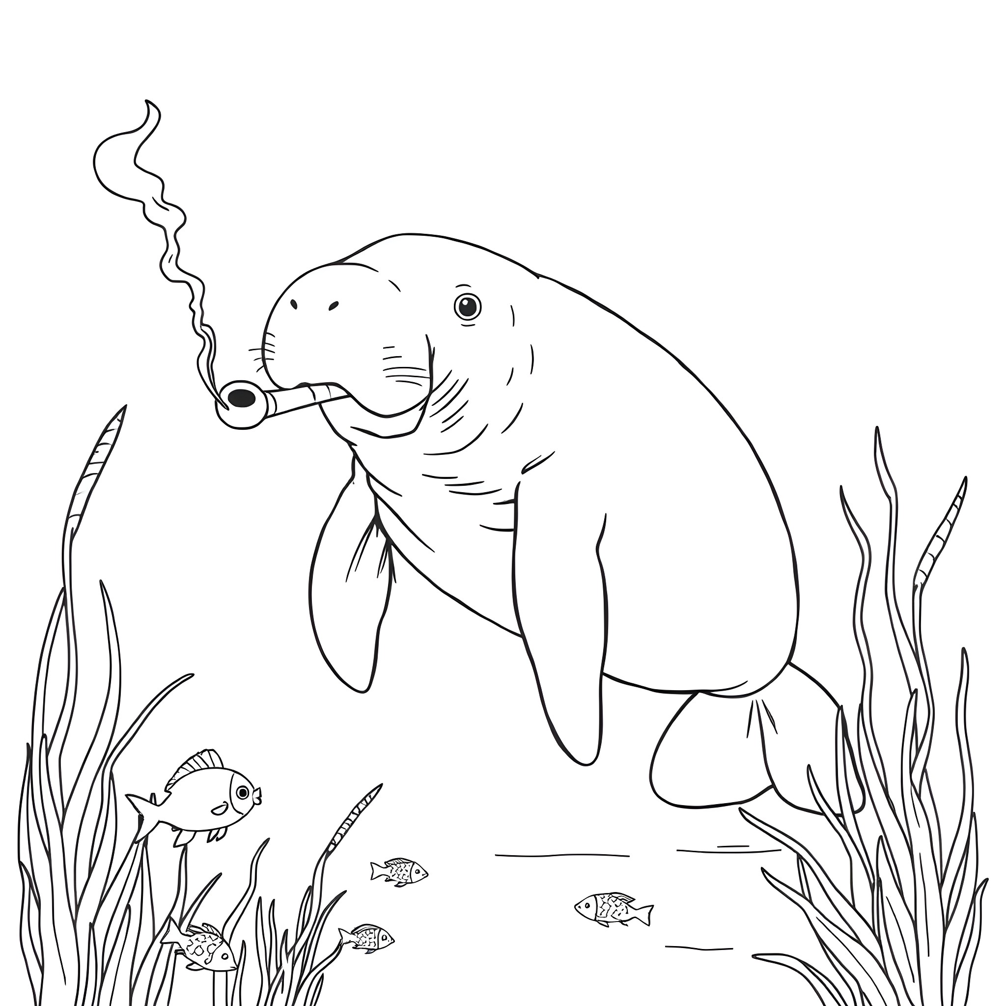 Manatee relaxing underwater with fish Coloring Page (free black-and-white line drawing printable PDF for all, from beginners to advanced learners, including children, teens, adults, and seniors)