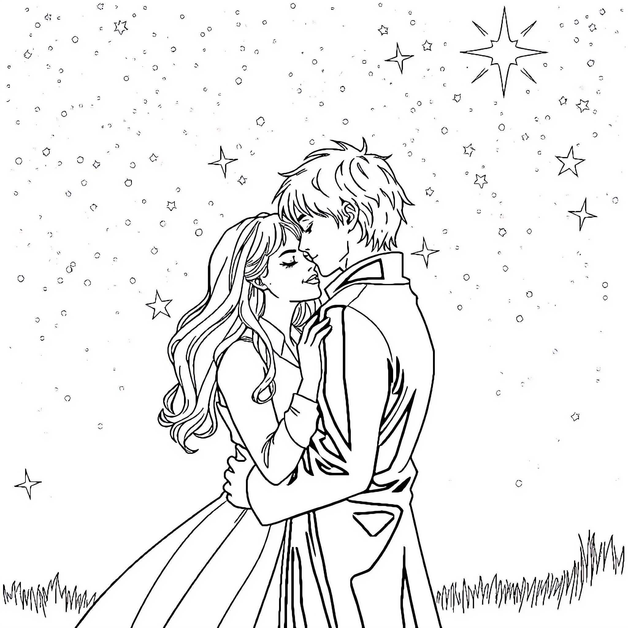 Dramione: Couple in Starry Night Embrace Coloring Page (free black-and-white line drawing printable PDF for all, from beginners to advanced learners, including children, teens, adults, and seniors)