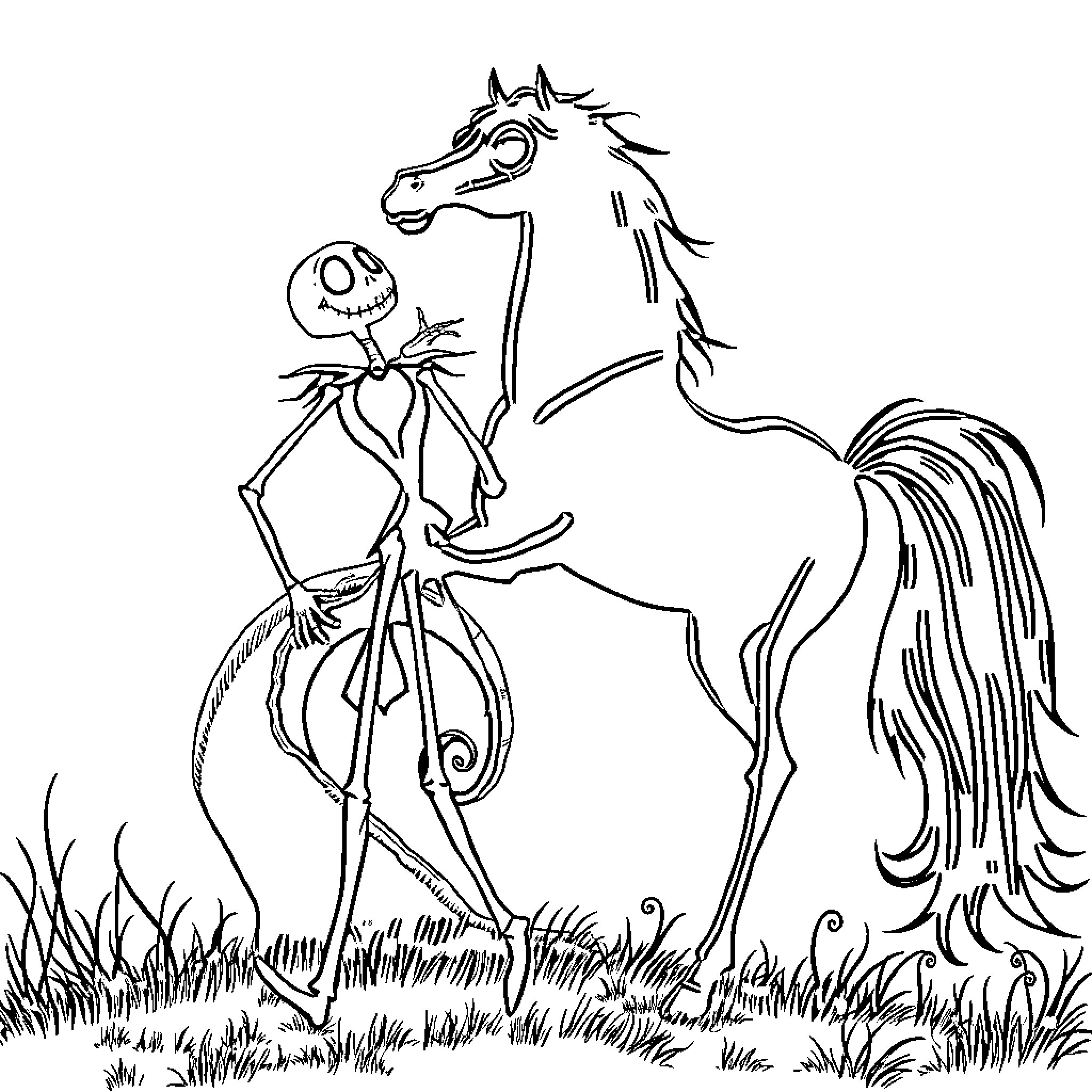 Jack Skellington riding a ghostly horse in a spooky scene Coloring Page (free black-and-white line drawing printable PDF for all, from beginners to advanced learners, including children, teens, adults, and seniors)