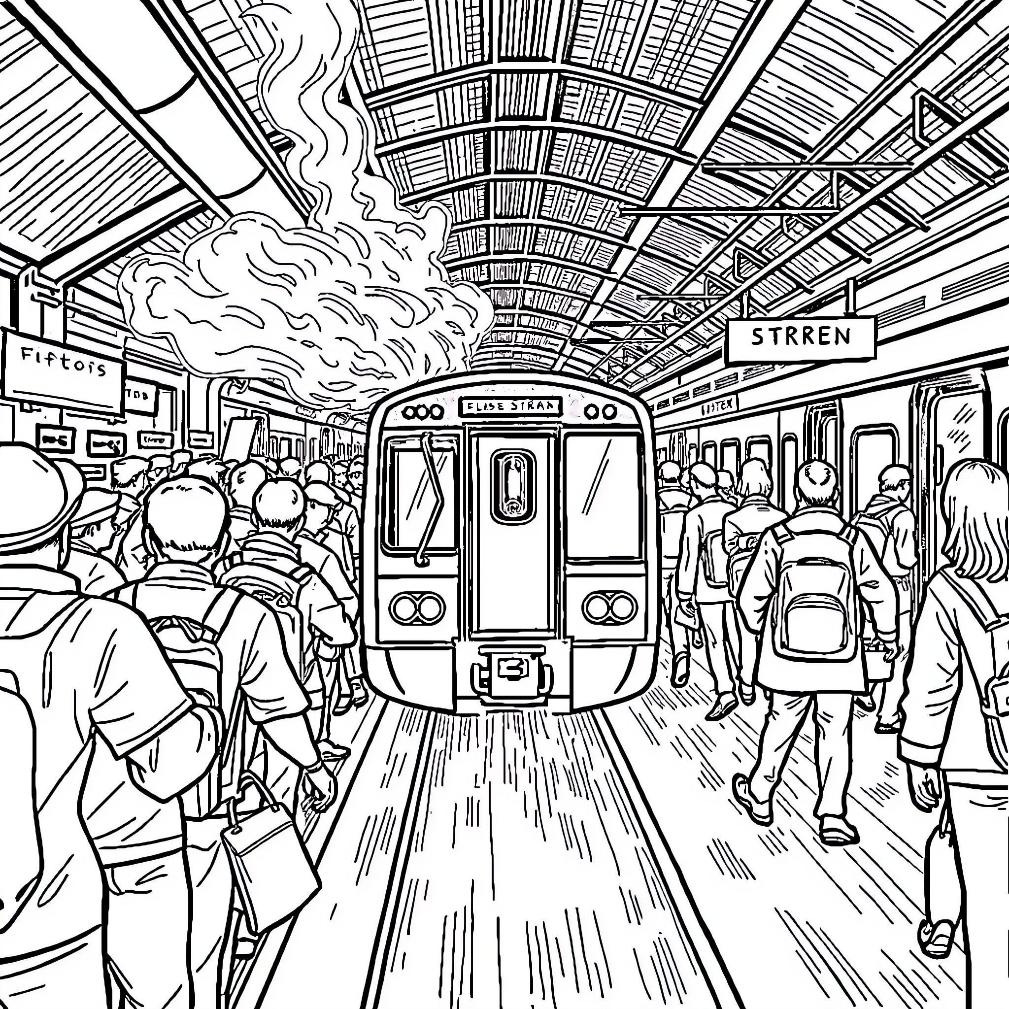 Siren of the Crowded Subway Coloring Page (free black-and-white line drawing printable PDF for all, from beginners to advanced learners, including children, teens, adults, and seniors)