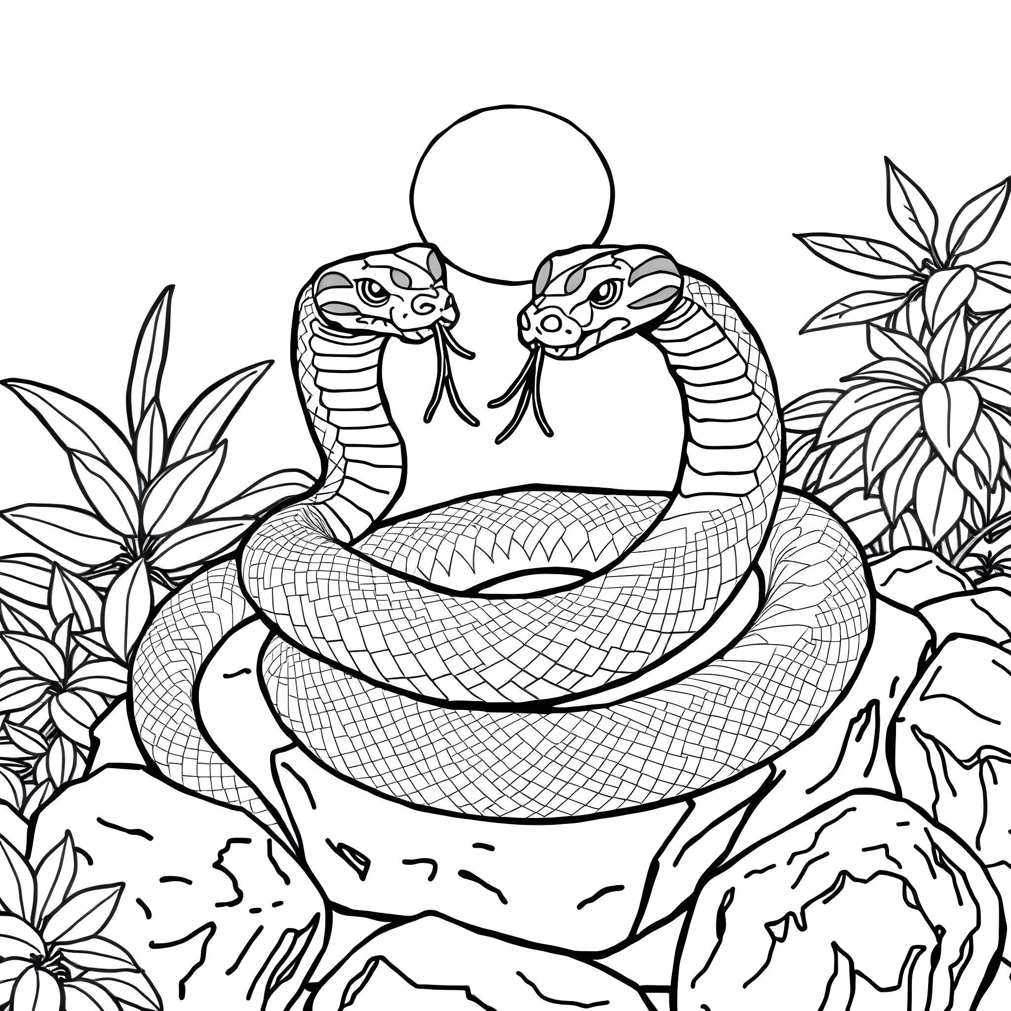 Snake battling with another snake in the jungle Coloring Page (free black-and-white line drawing printable PDF for all, from beginners to advanced learners, including children, teens, adults, and seniors)
