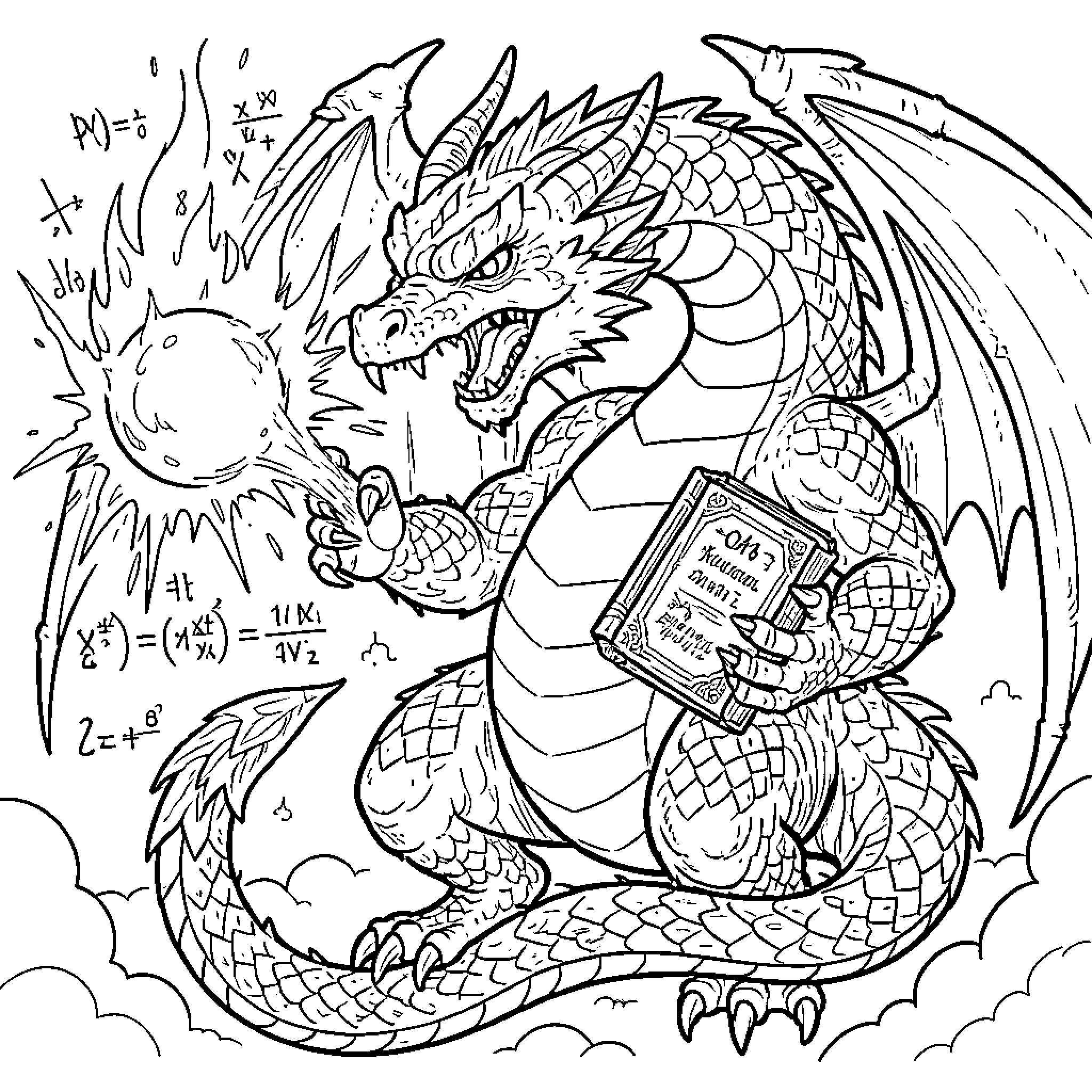 Dragon wielding a tome of ancient knowledge Coloring Page (free black-and-white line drawing printable PDF for all, from beginners to advanced learners, including children, teens, adults, and seniors)