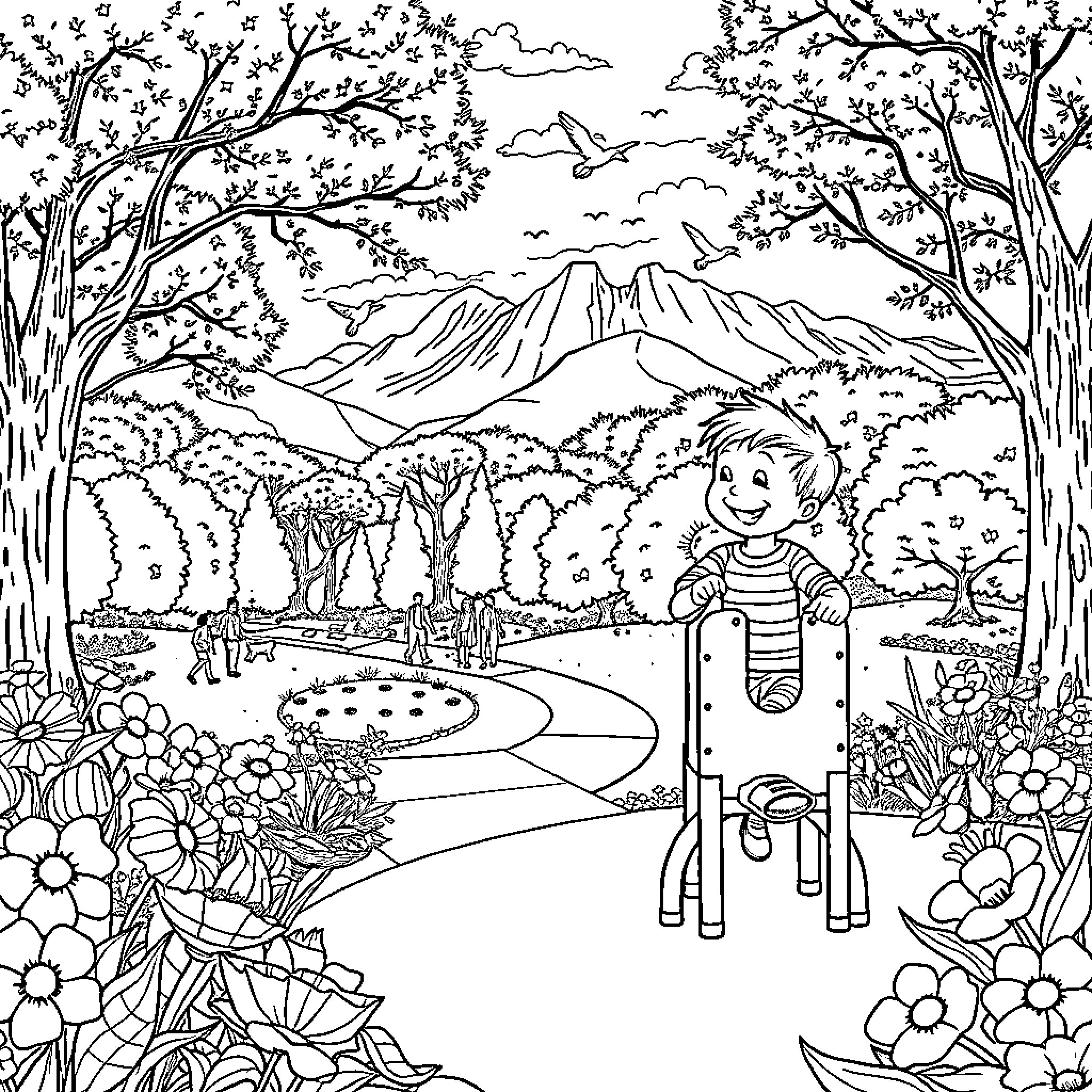 Boy enjoying nature's beauty on a scenic trail Coloring Page (free black-and-white line drawing printable PDF for all, from beginners to advanced learners, including children, teens, adults, and seniors)