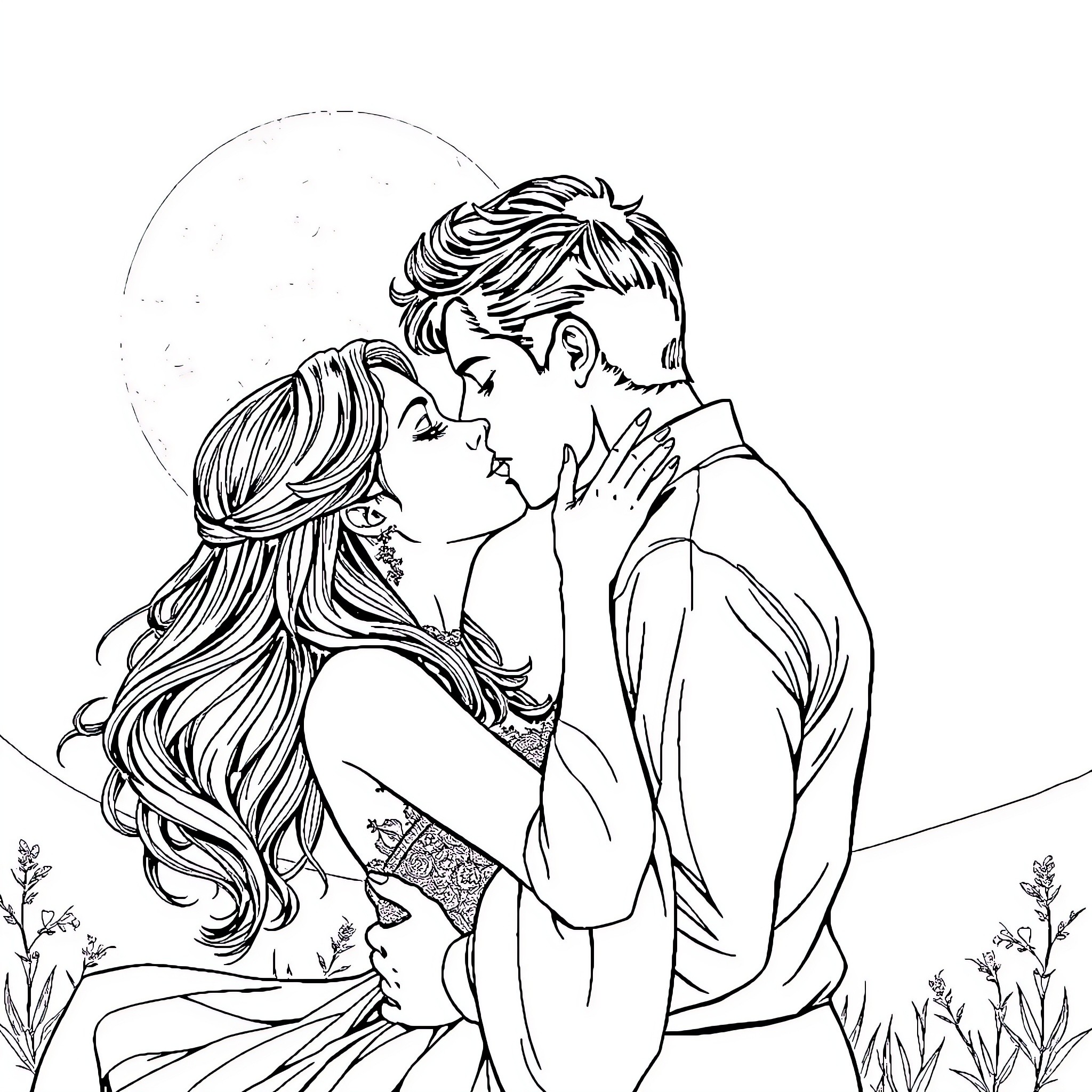 Woman and Man in romantic embrace Coloring Page (free black-and-white line drawing printable PDF for all, from beginners to advanced learners, including children, teens, adults, and seniors)