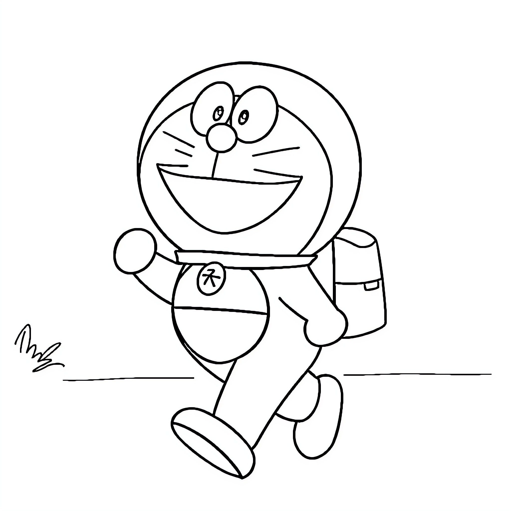 Doraemon walking happily with bag Coloring Page (free black-and-white line drawing printable PDF for all, from beginners to advanced learners, including children, teens, adults, and seniors)