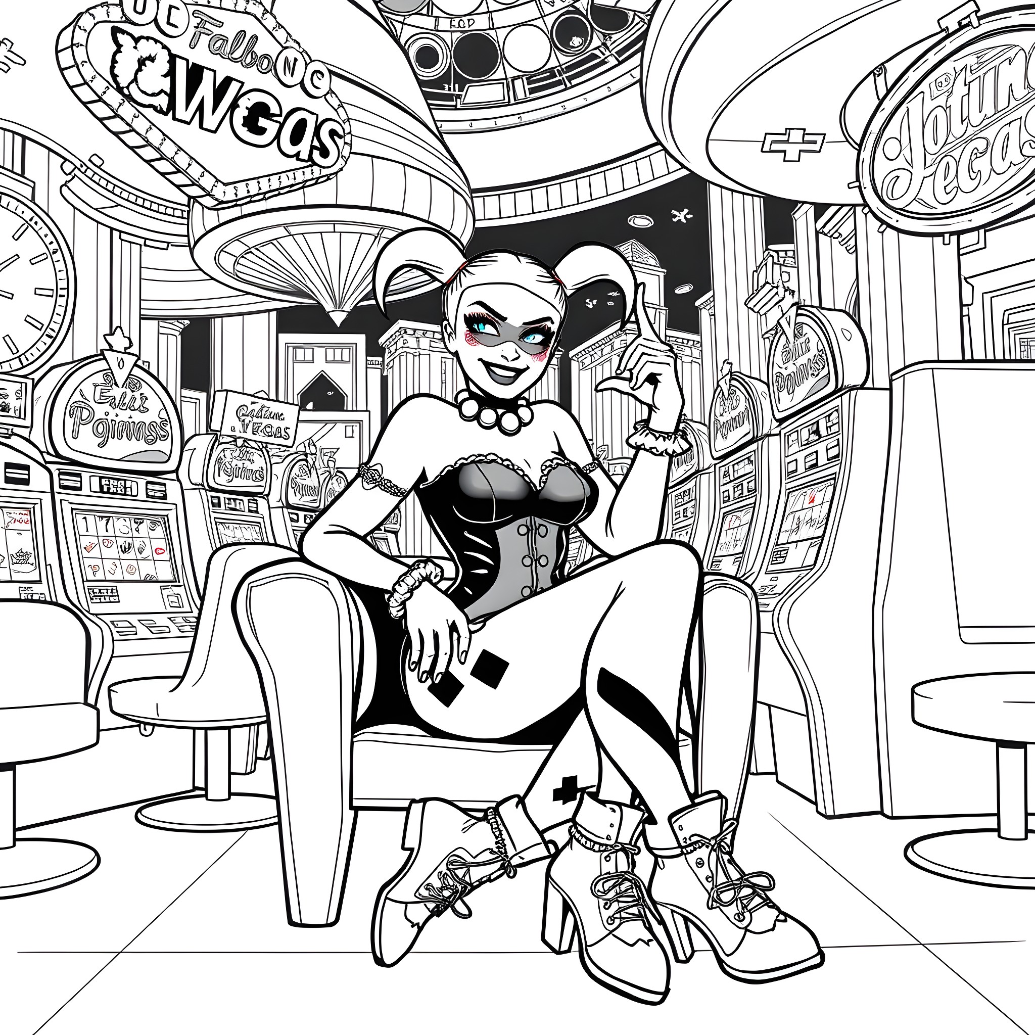 Harley Quinn's Glamorous Casino Adventure Coloring Page (free black-and-white line drawing printable PDF for all, from beginners to advanced learners, including children, teens, adults, and seniors)