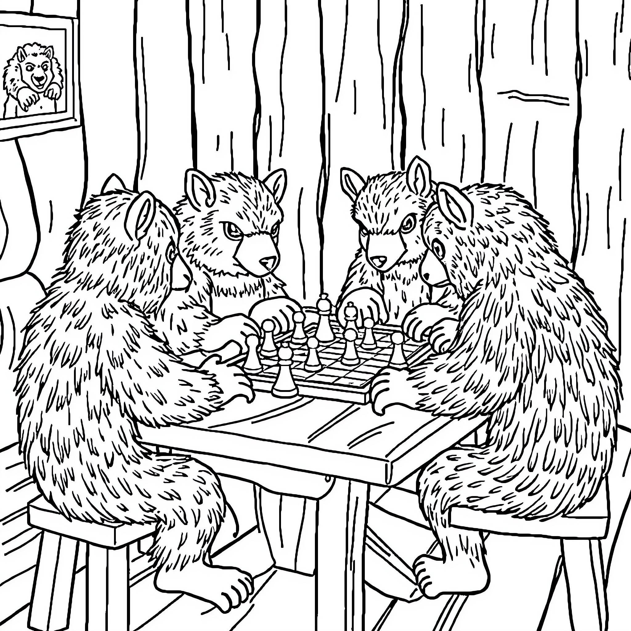 Care Bears playing chess in the forest Coloring Page (free black-and-white line drawing printable PDF for all, from beginners to advanced learners, including children, teens, adults, and seniors)