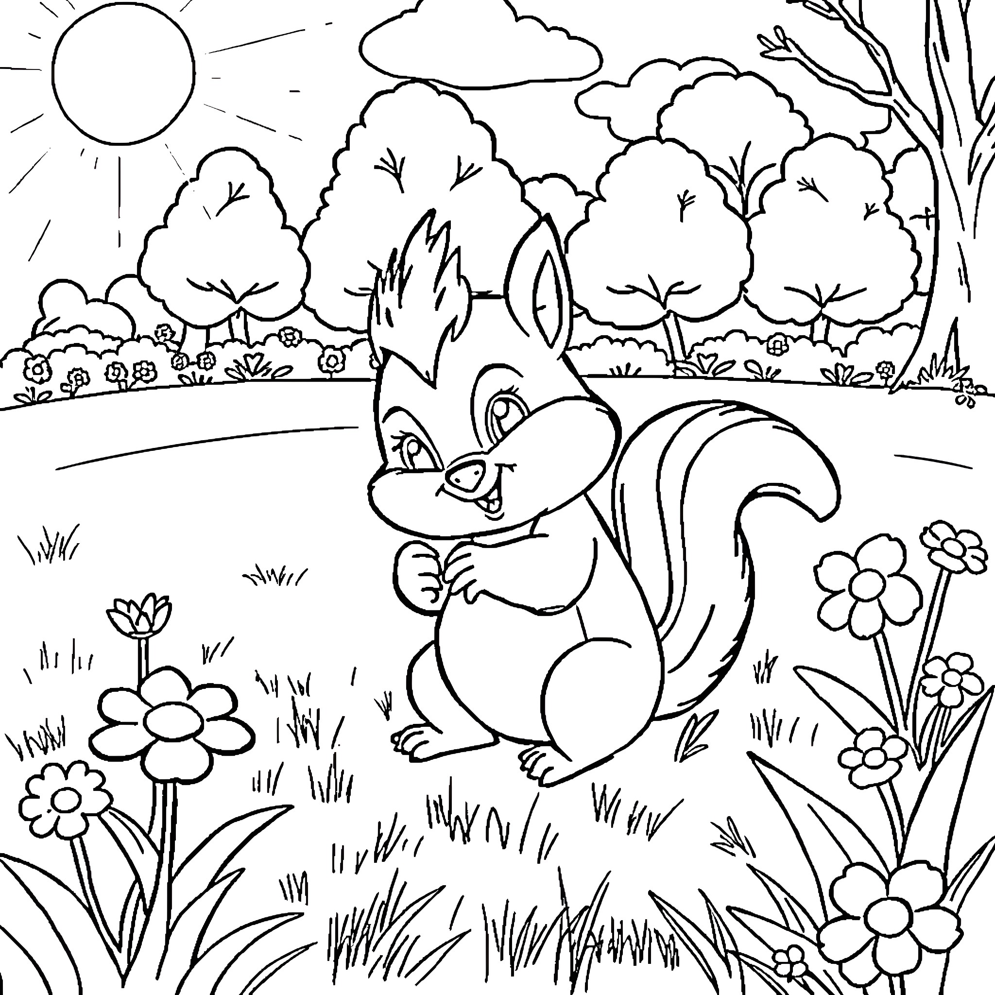 Sprunki's Playful Nature in the Forest Coloring Page (free black-and-white line drawing printable PDF for all, from beginners to advanced learners, including children, teens, adults, and seniors)