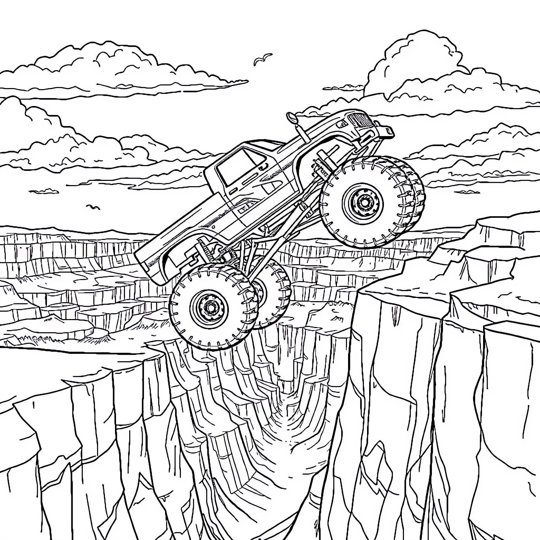 Monster Truck Climbing Over Rugged Terrain Coloring Page (free black-and-white line drawing printable PDF for all, from beginners to advanced learners, including children, teens, adults, and seniors)