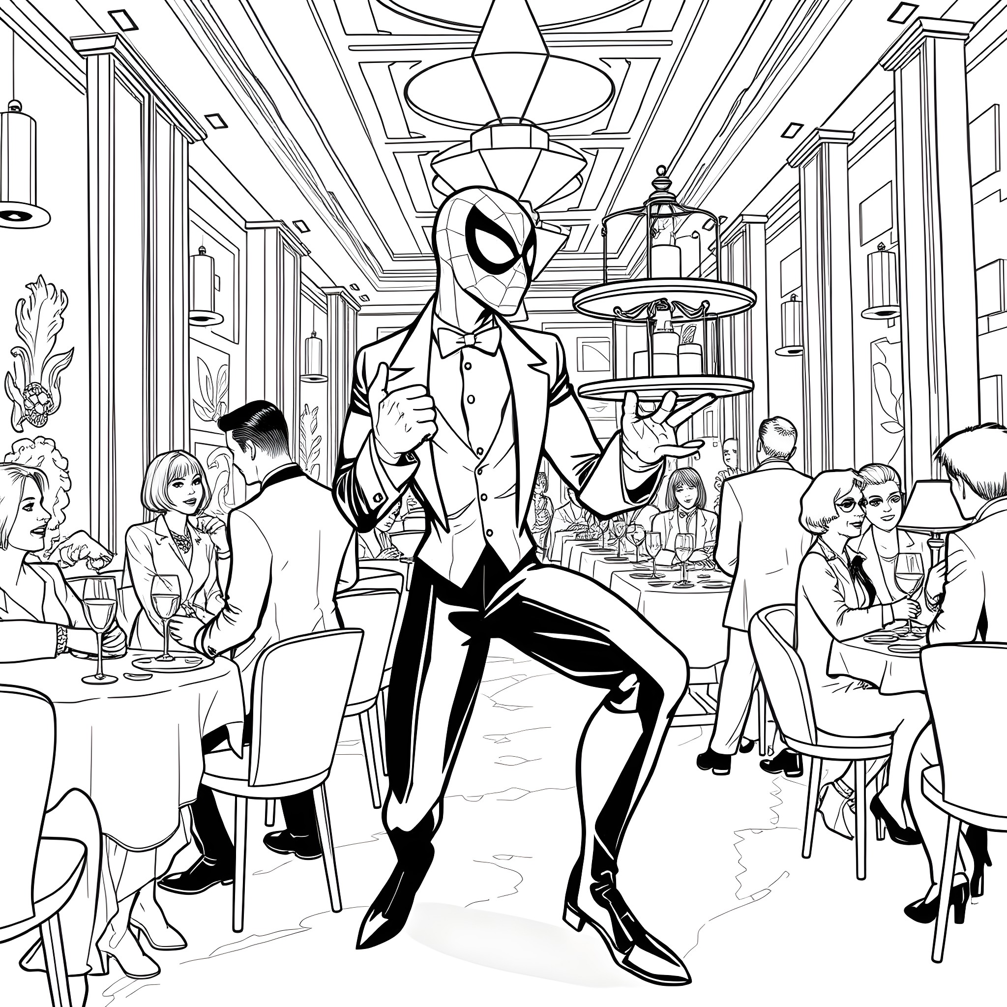 Spider-Man celebrating in an elegant party scene Coloring Page (free black-and-white line drawing printable PDF for all, from beginners to advanced learners, including children, teens, adults, and seniors)