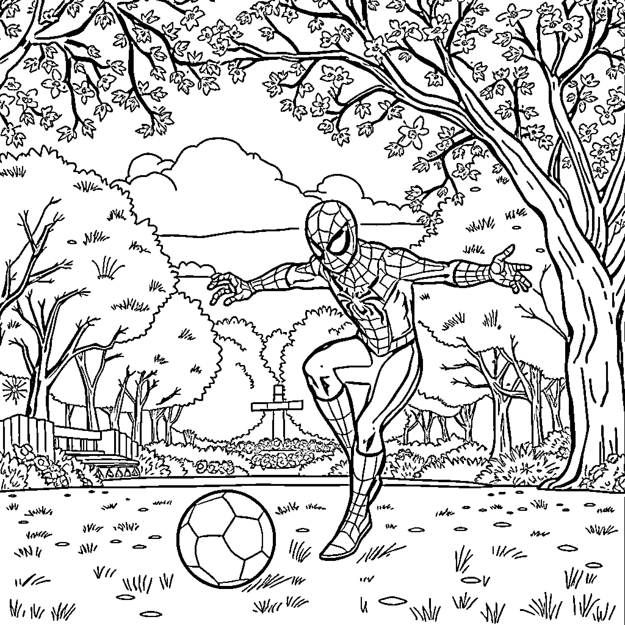 Spiderman playing soccer in the enchanted forest Coloring Page (free black-and-white line drawing printable PDF for all, from beginners to advanced learners, including children, teens, adults, and seniors)