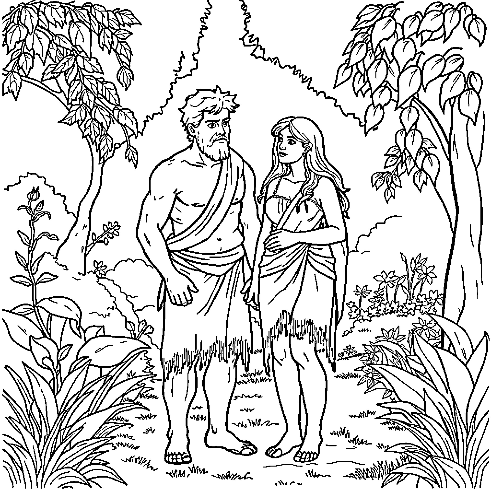 Adam and Eve in the Garden of Eden Coloring Page (free black-and-white line drawing printable PDF for all, from beginners to advanced learners, including children, teens, adults, and seniors)
