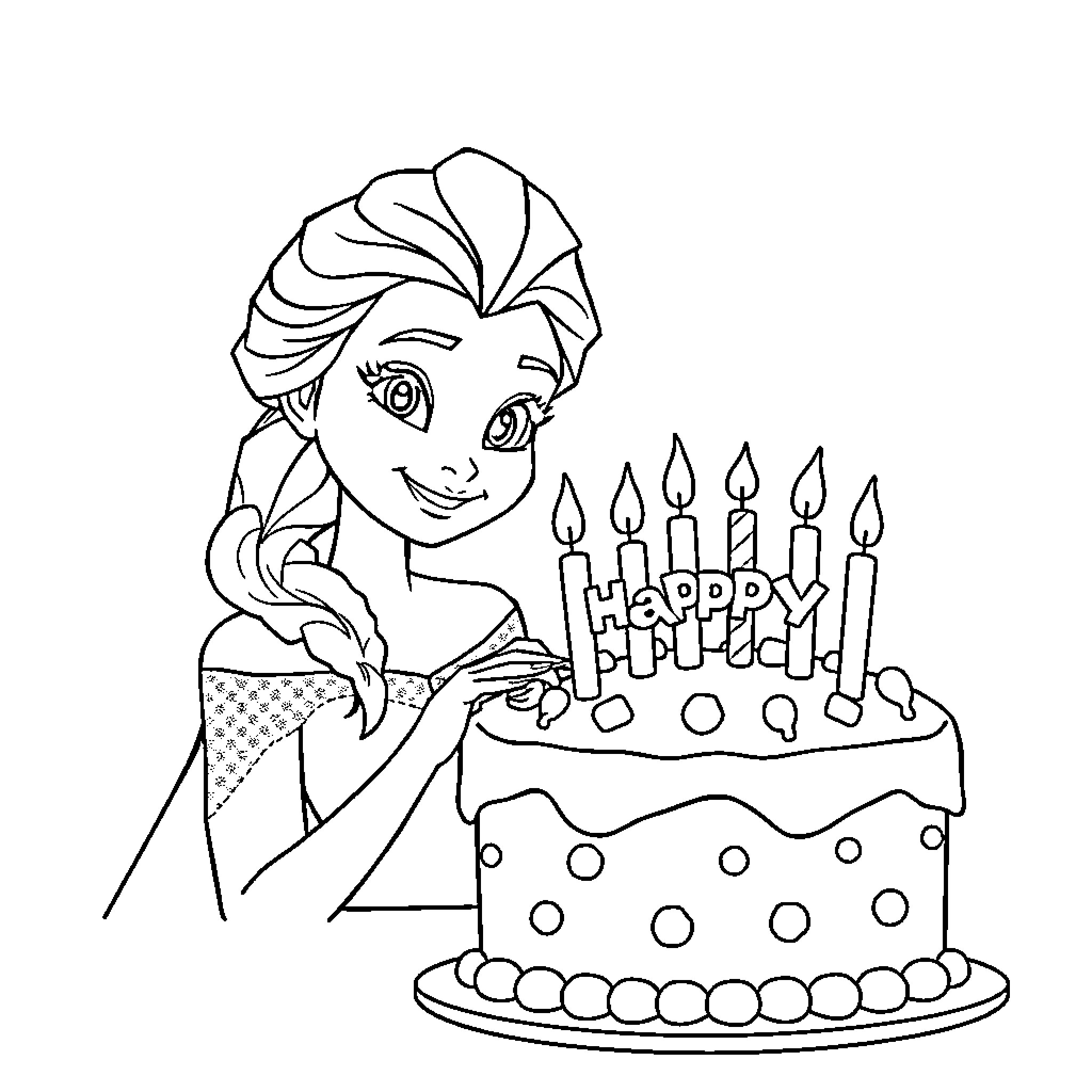 Elsa celebrating a happy birthday with cake Coloring Page (free black-and-white line drawing printable PDF for all, from beginners to advanced learners, including children, teens, adults, and seniors)
