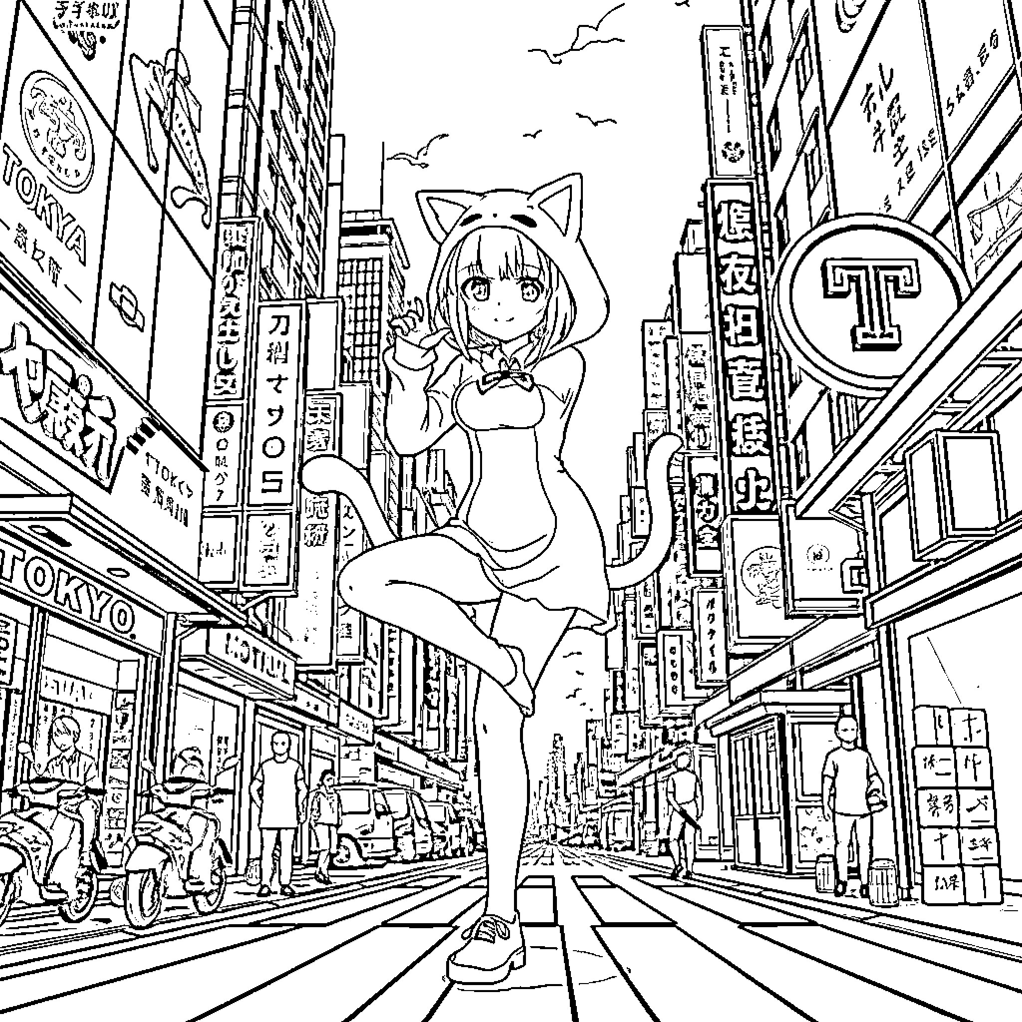 Anime Girl Exploring Bustling Tokyo Street Coloring Page (free black-and-white line drawing printable PDF for all, from beginners to advanced learners, including children, teens, adults, and seniors)