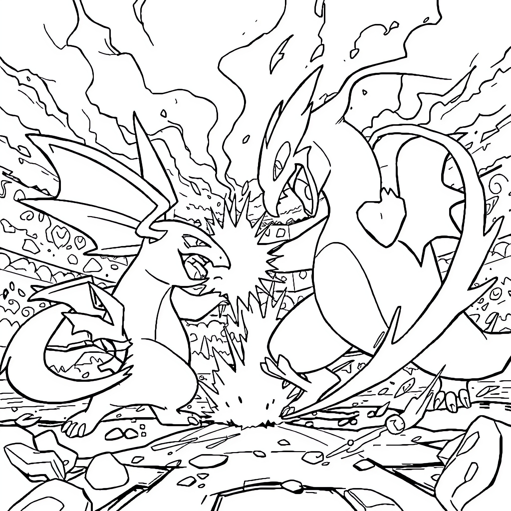Pokémon Unleashing Powerful Attacks in Intense Battle Coloring Page (free black-and-white line drawing printable PDF for all, from beginners to advanced learners, including children, teens, adults, and seniors)