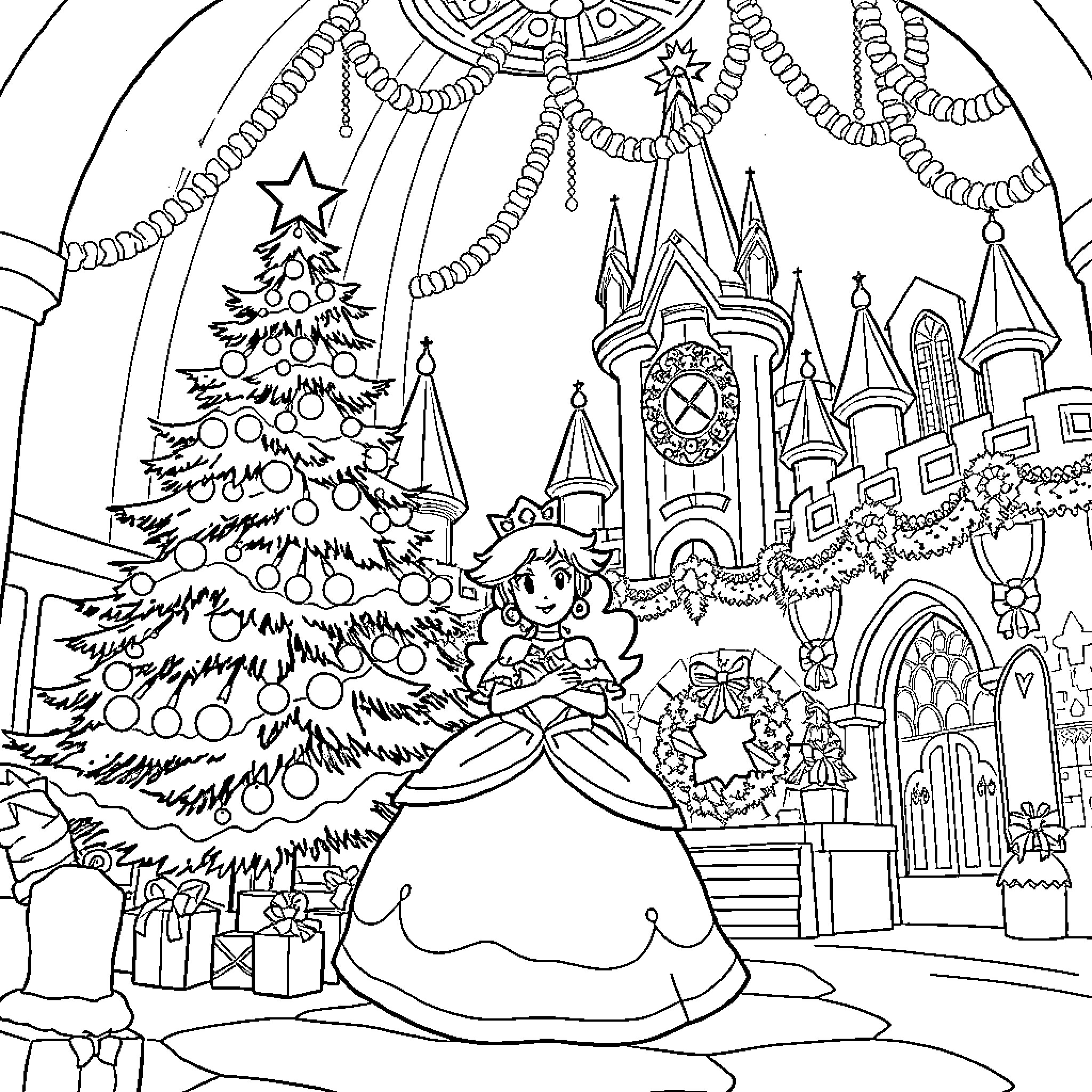 Princess Celebrating Christmas in Enchanted Castle Coloring Page (free black-and-white line drawing printable PDF for all, from beginners to advanced learners, including children, teens, adults, and seniors)