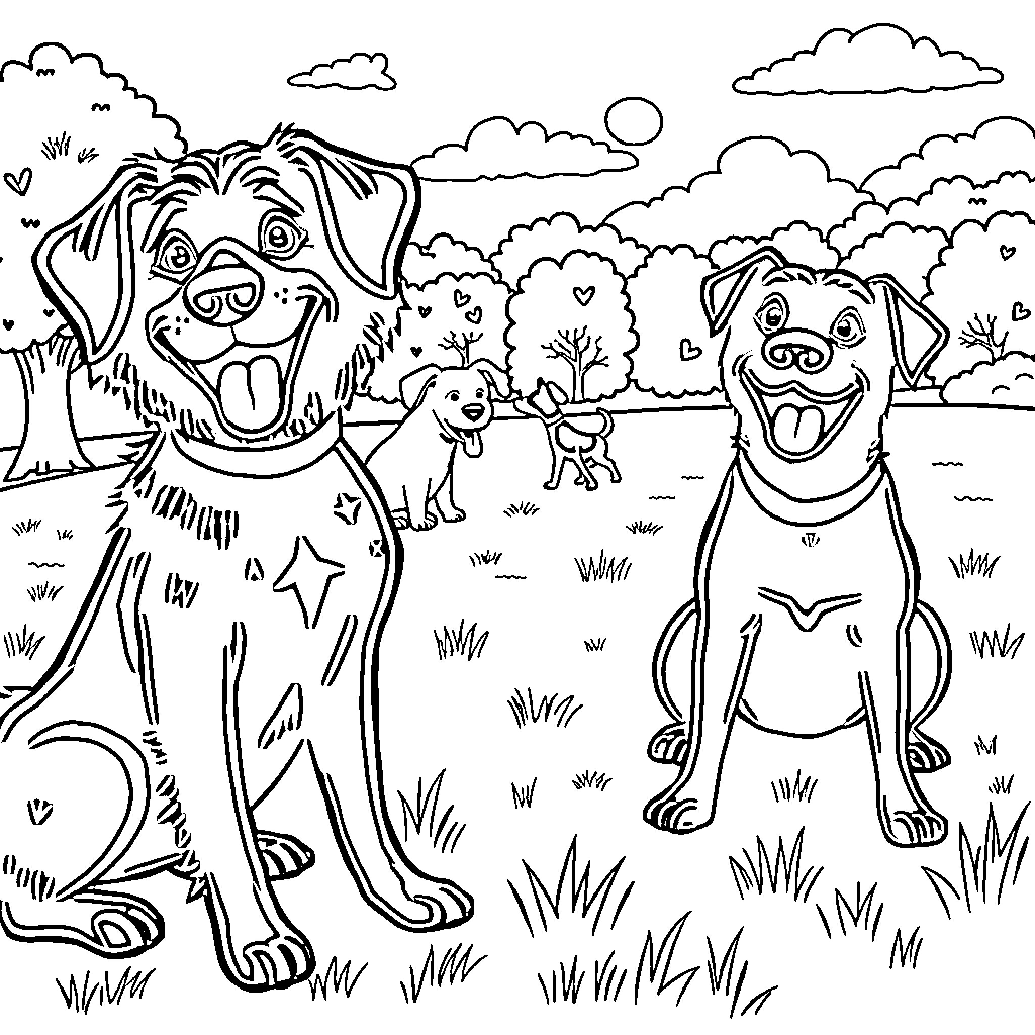 Dog friends playing happily in the park Coloring Page (free black-and-white line drawing printable PDF for all, from beginners to advanced learners, including children, teens, adults, and seniors)