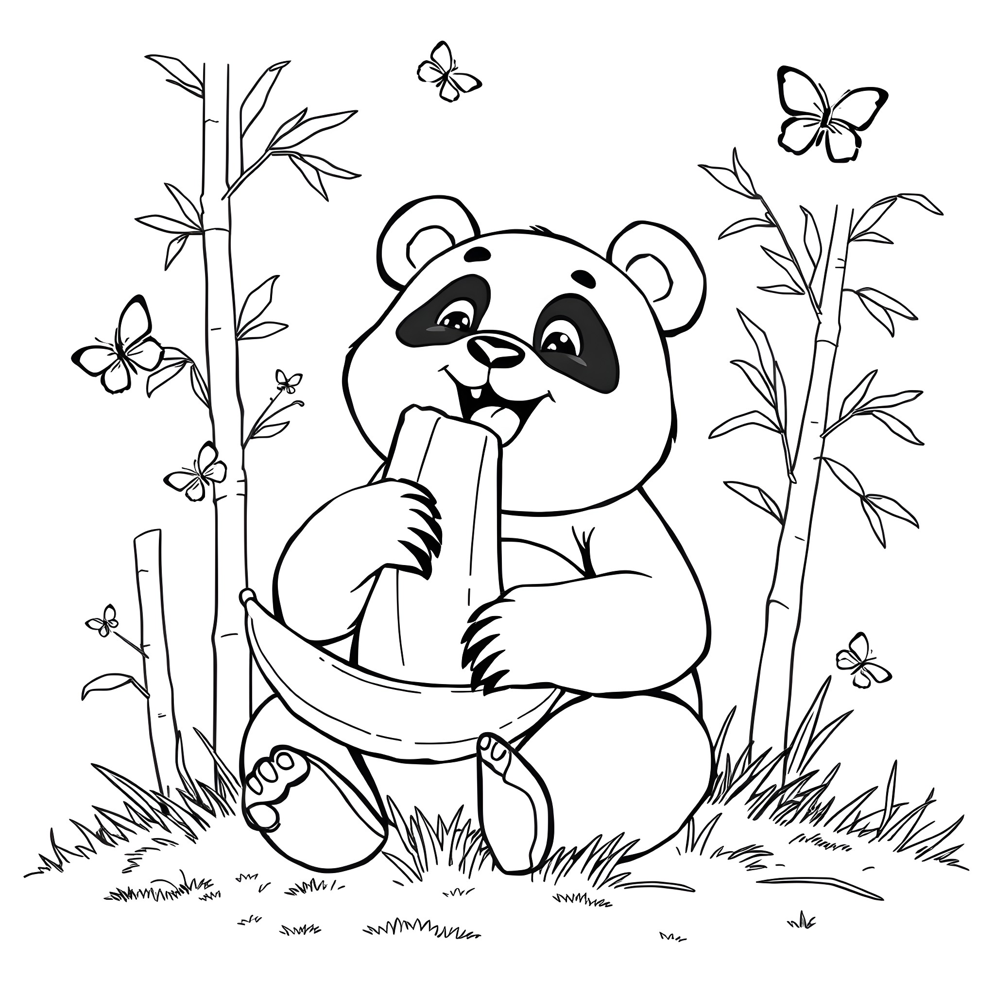 Panda enjoying bamboo in nature Coloring Page (free black-and-white line drawing printable PDF for all, from beginners to advanced learners, including children, teens, adults, and seniors)
