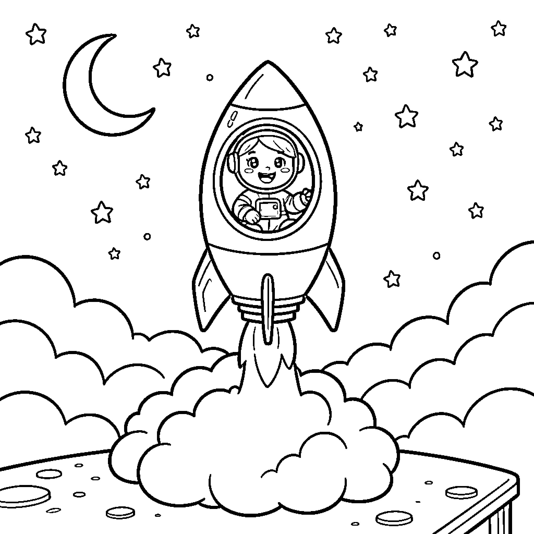 Astronaut waving from a rocket launching into space Coloring Page (free black-and-white line drawing printable PDF for all, from beginners to advanced learners, including children, teens, adults, and seniors)
