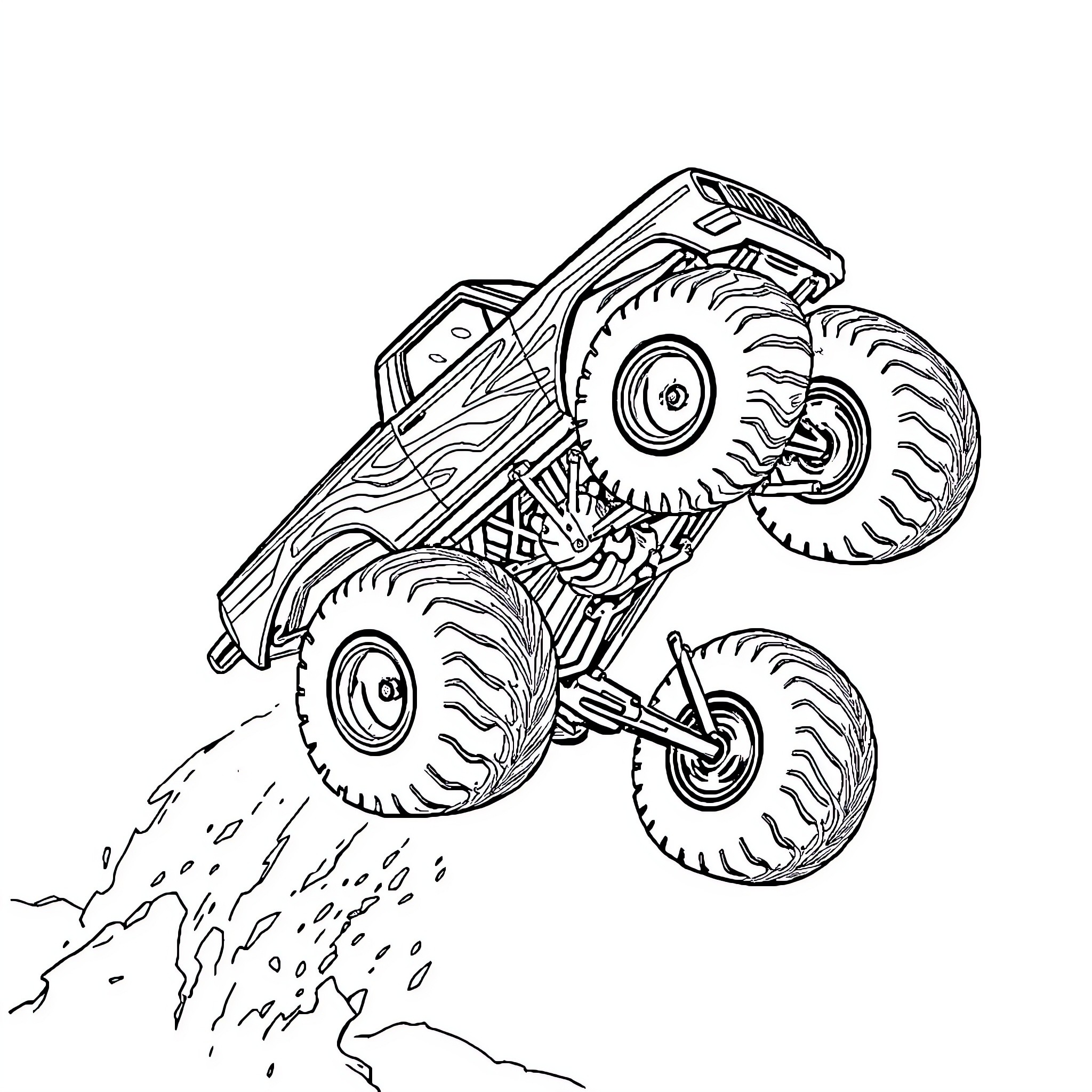 Monster Truck Performing Extreme Stunts Coloring Page (free black-and-white line drawing printable PDF for all, from beginners to advanced learners, including children, teens, adults, and seniors)