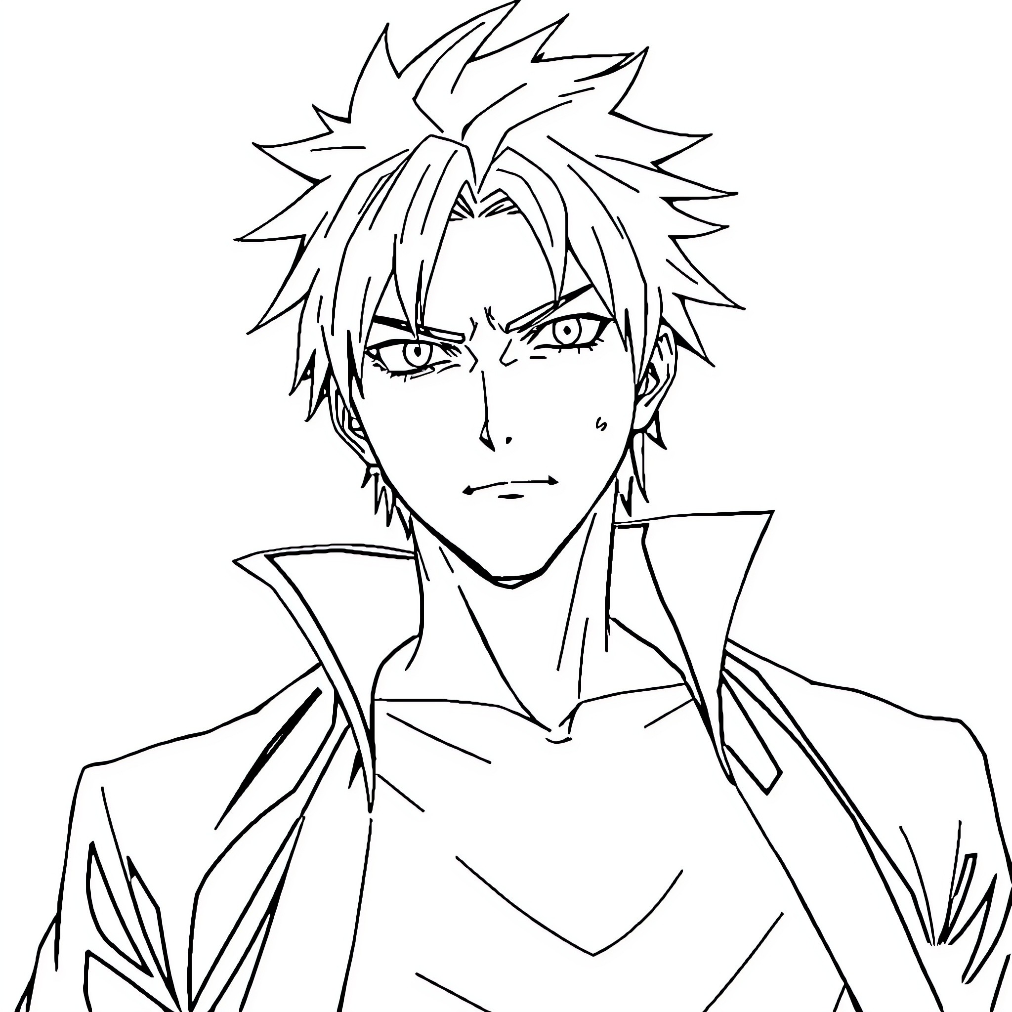Ichigo's Intense Gaze in Anime-Inspired Sketch Coloring Page (free black-and-white line drawing printable PDF for all, from beginners to advanced learners, including children, teens, adults, and seniors)