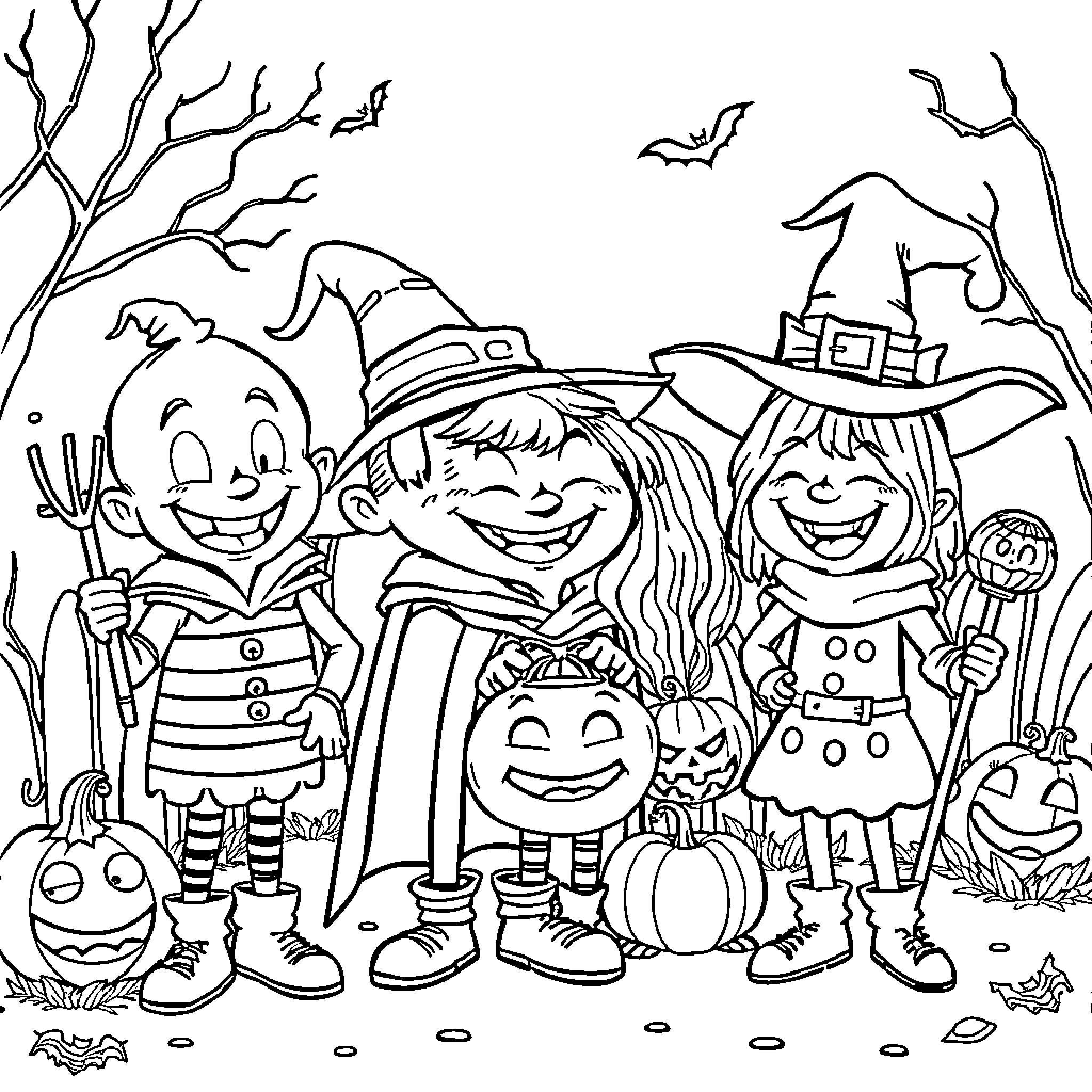 Halloween Character Trio Celebrating in Spooky Scene Coloring Page (free black-and-white line drawing printable PDF for all, from beginners to advanced learners, including children, teens, adults, and seniors)