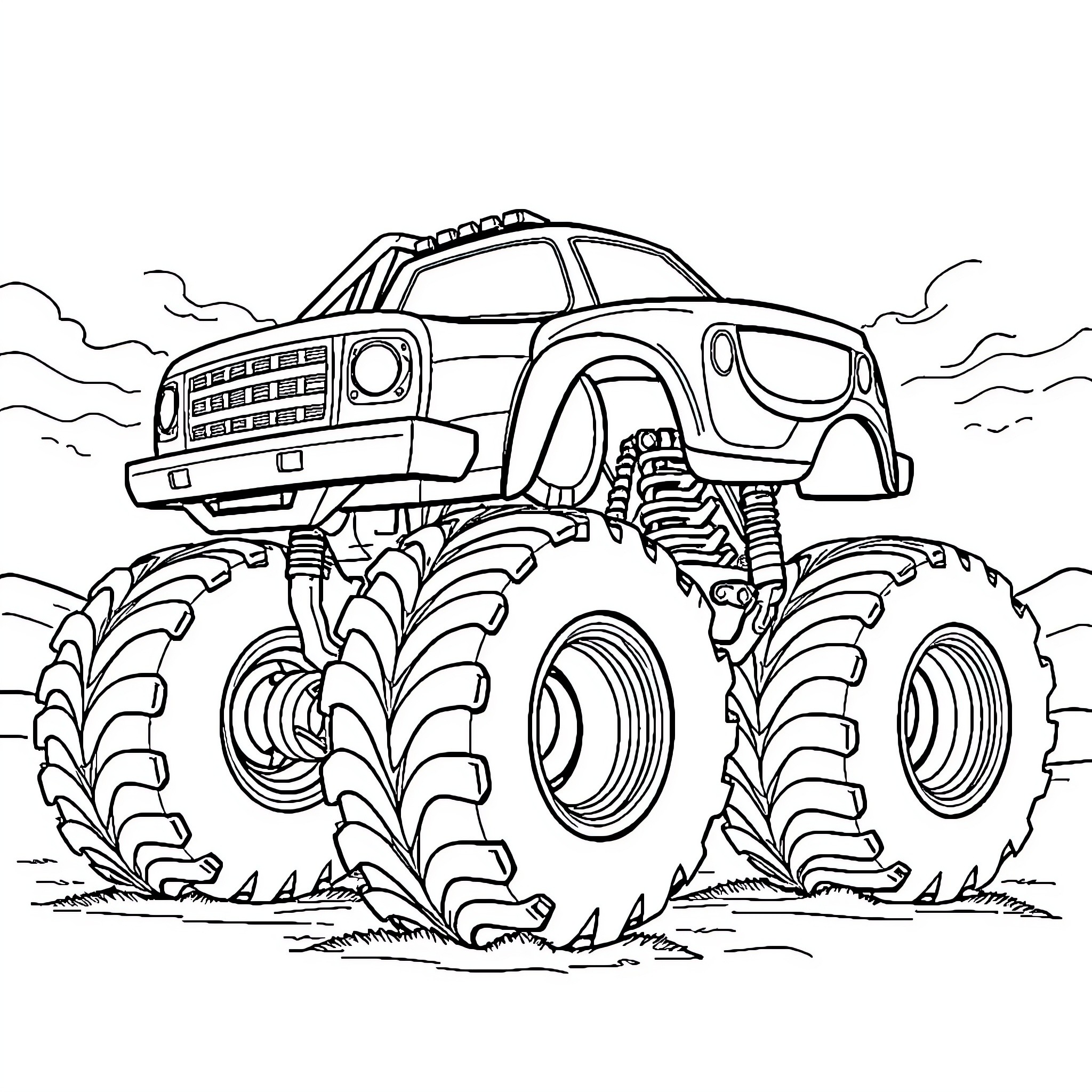 Monster Truck Crushing through Terrain Coloring Page (free black-and-white line drawing printable PDF for all, from beginners to advanced learners, including children, teens, adults, and seniors)